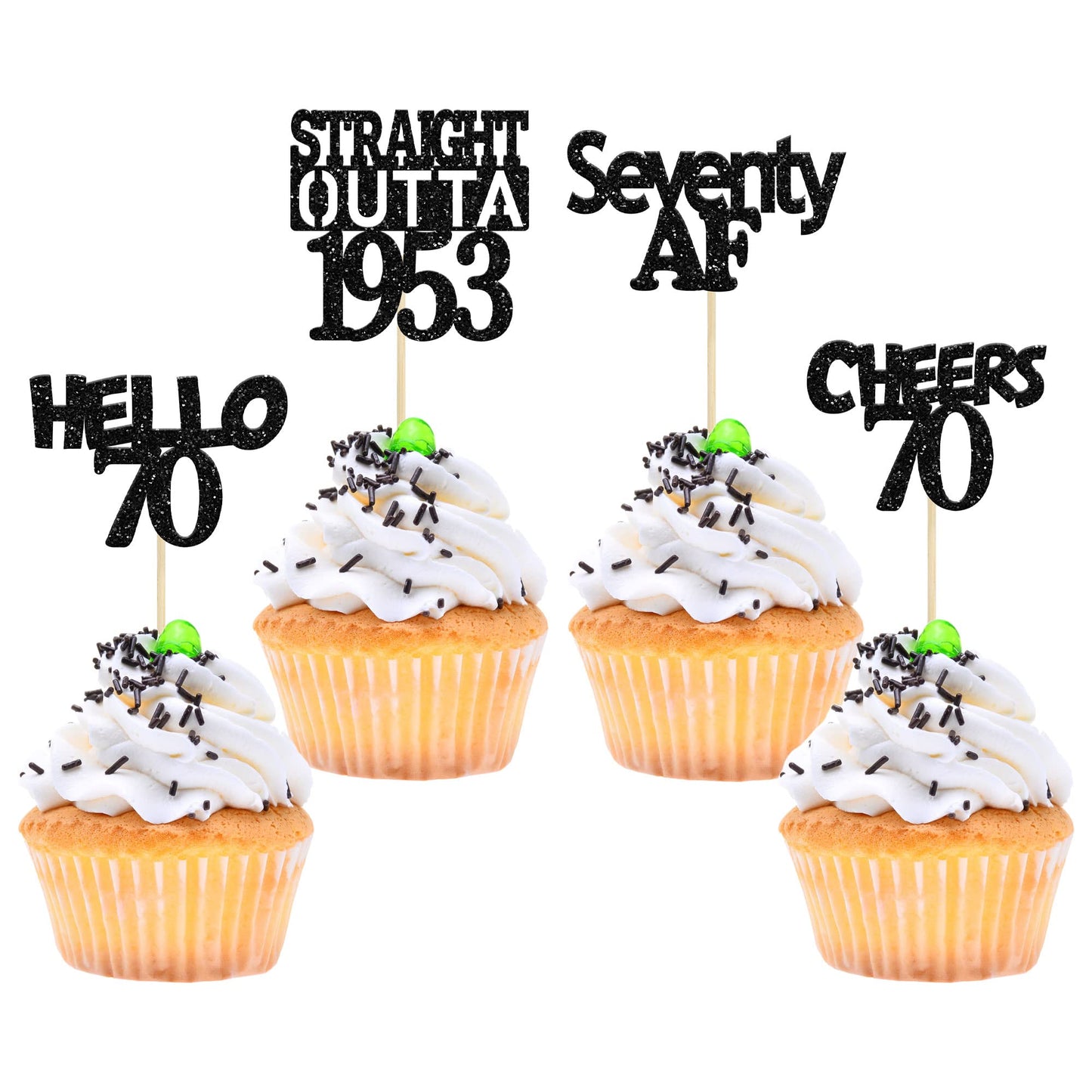 Gyufise 24 Pack Black 70Th Birthday Cupcake Toppers Glitter Seventy Hello 70 Straight Outta 1953 Cupcake Picks For Cheers To 70
