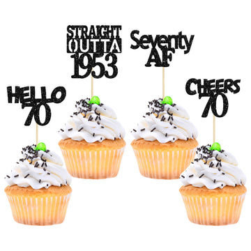 Gyufise 24 Pack Black 70Th Birthday Cupcake Toppers Glitter Seventy Hello 70 Straight Outta 1953 Cupcake Picks For Cheers To 70