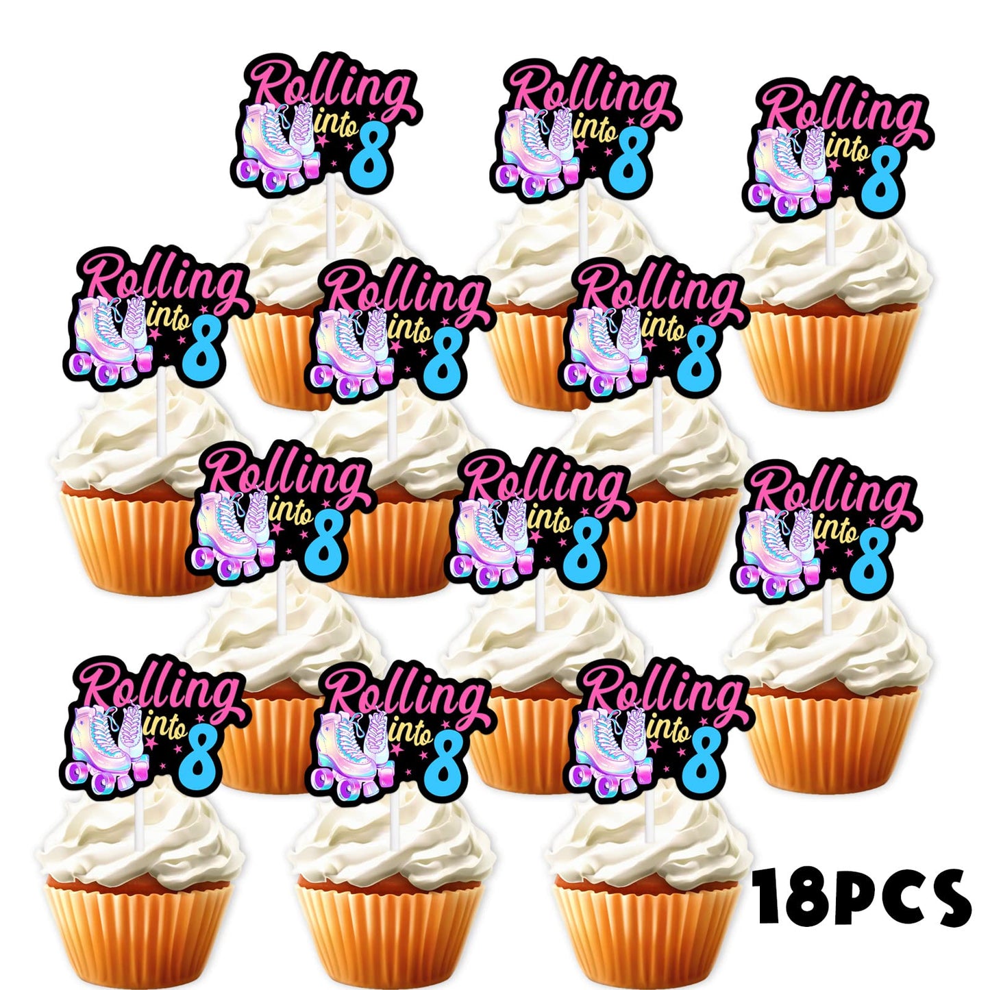 18Pcs Black Glitter Pink Roller Skates Dessert Cupcake Topper 80S 90S Retro Hip Hop Roller Skating Rolling Into 8 Theme Decor Su