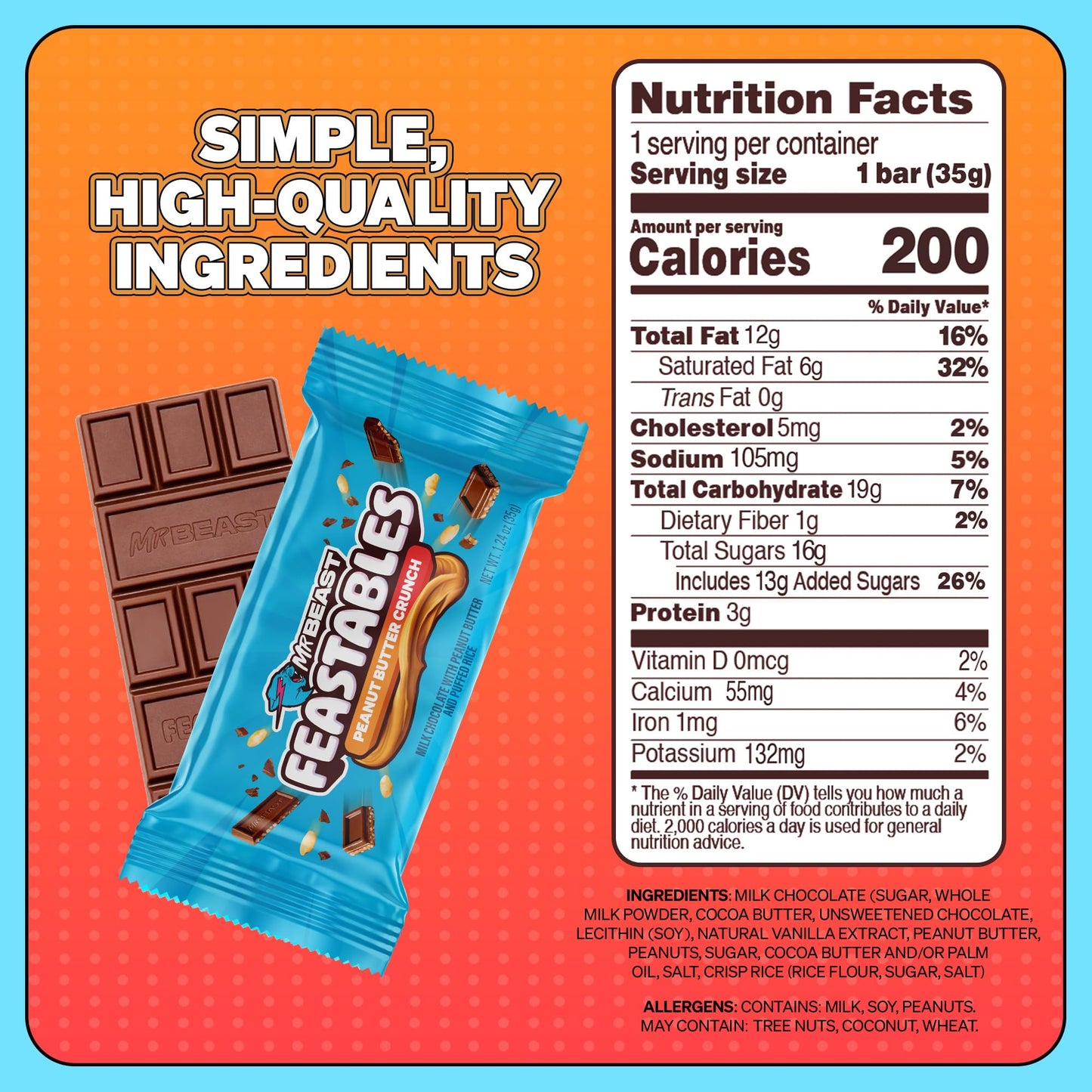 Feastables Peanut Butter Milk Chocolate Crunch Chocolate Bar, 1.24 Oz (35G), 24 Count