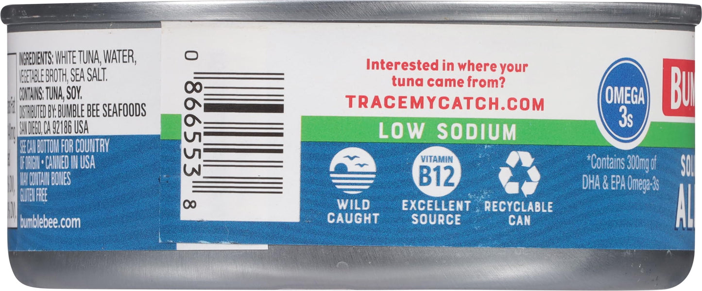Bumble Bee Low Sodium Solid White Albacore Tuna In Water, 5 Oz Can (Pack Of 4) - Wild Caught Tuna - 29G Protein Per Serving, High In Omega-3S - Non-Gmo Project Verified, Gluten Free, Kosher