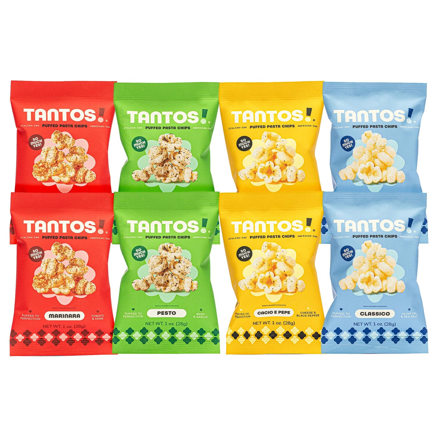 Tantos! Puffed Pasta Chips  Healthy Pasta Snack by Top Chef Joe Sasto  As Seen on Shark Tank  Plant Based  Low Calorie  Crunchy Chips  Variety Pack  Marinara  Pesto  Cacio e Pepe  Classico  Gourmet Bold Flavors  1oz 8 Pack 2 of Each Flavor  Variety
