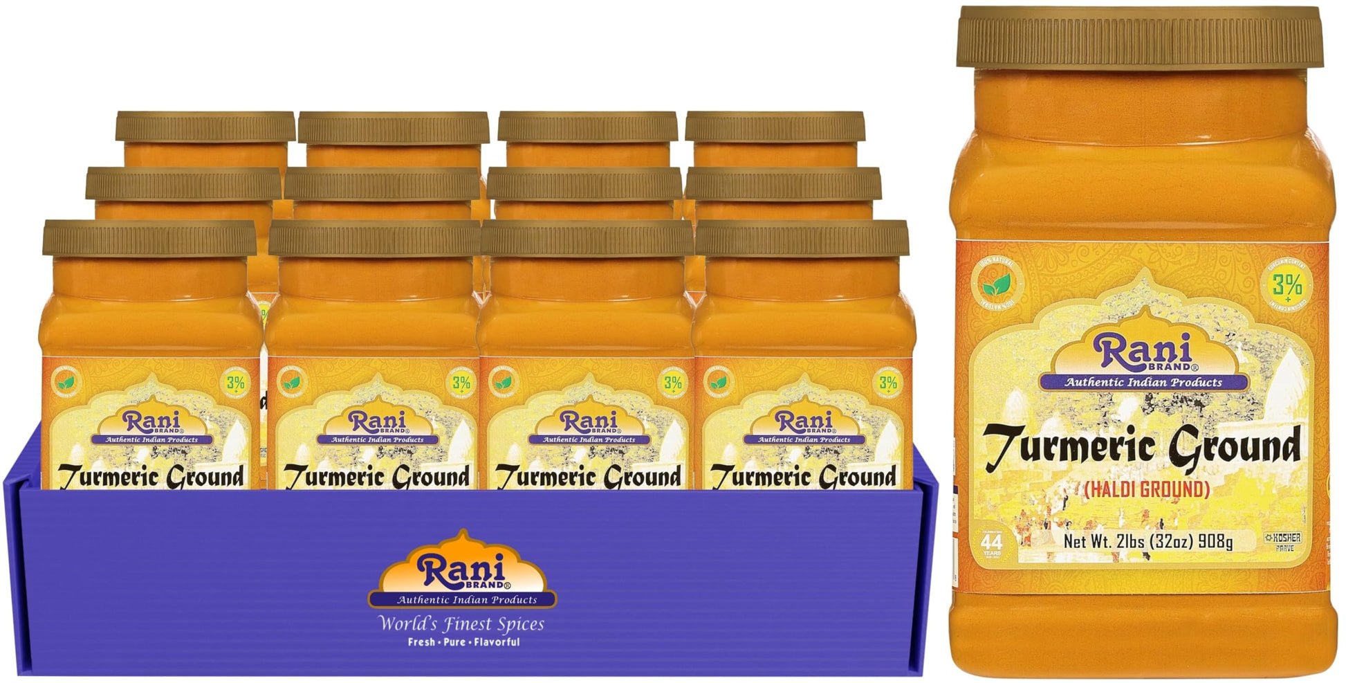 Rani Turmeric (Haldi) Root Powder Spice, (High Curcumin Content) 32oz (2lbs) 908g Bulk PET Jar, Pack of 12 ~ All Natural | 100% 
