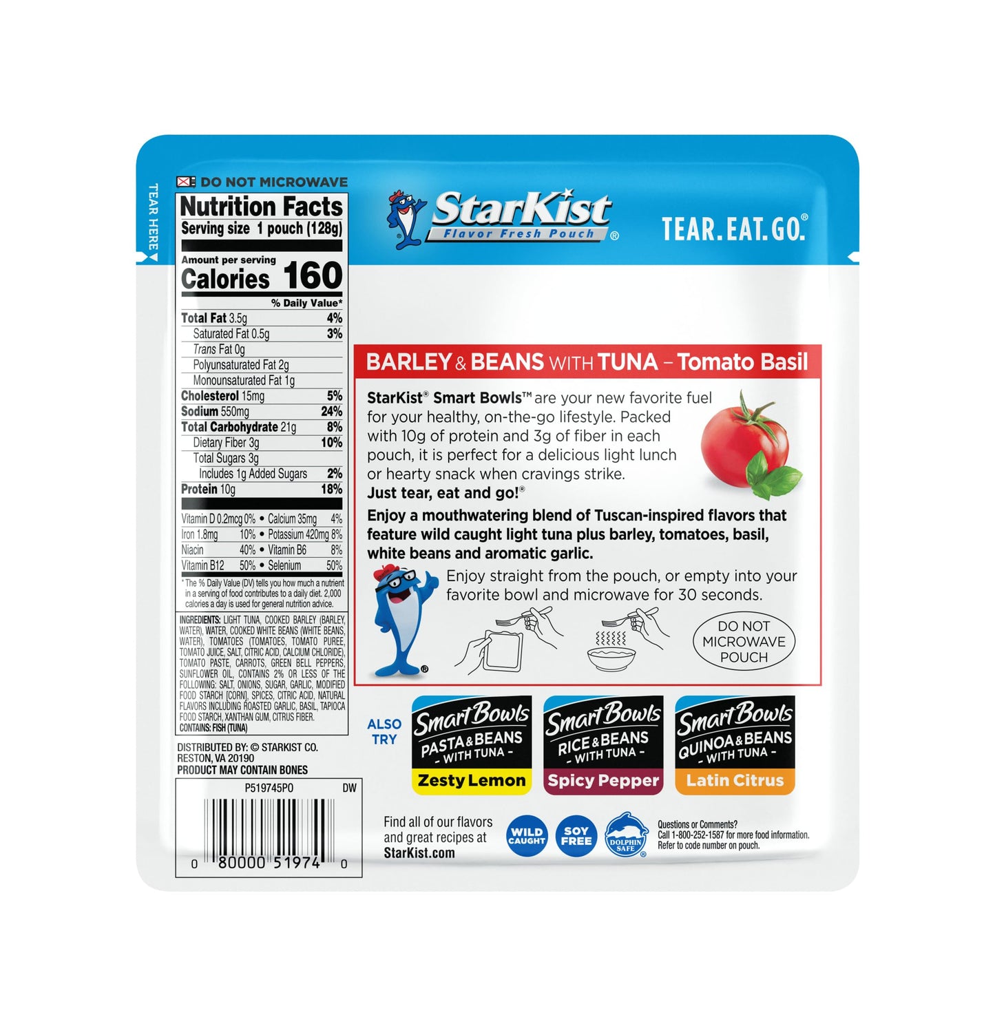 StarKist Smart Bowls Tomato Basil, 4.5 oz Pouch (Pack of 12) - Features Barley & Beans with Wild Caught Light Tuna