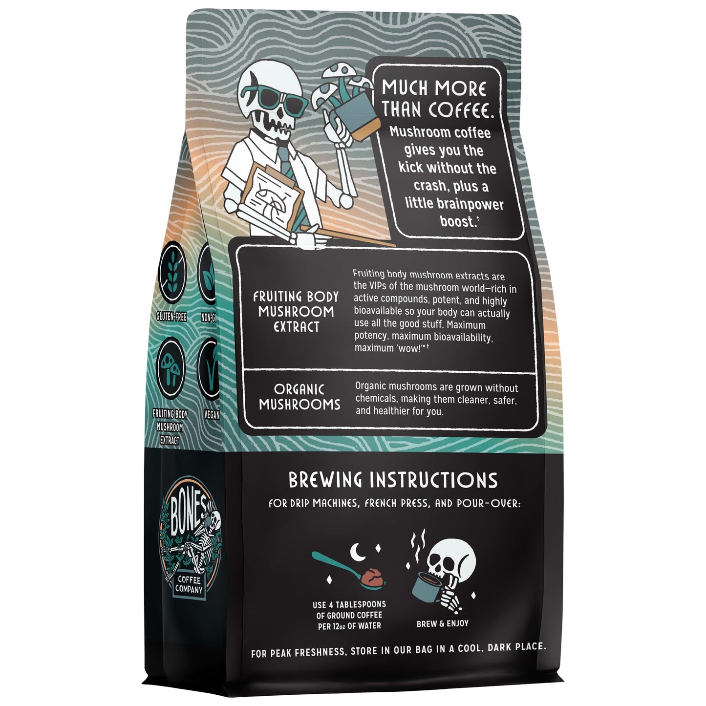 Bones Coffee Company Better Brain Mushroom Coffee Medium Roast Low Acid Arabica Coffee with Mushroom Blend for Energy  Focus  Digestion and Immunity Support  Vegan & Keto-Friendly  10 oz Ground