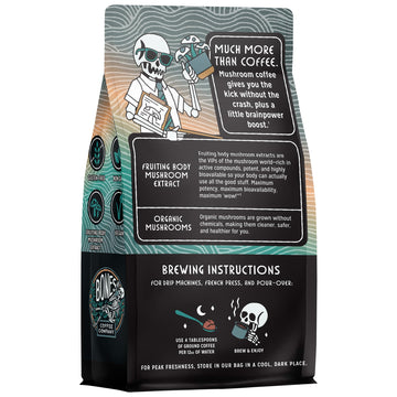 Bones Coffee Company Better Brain Mushroom Coffee Medium Roast Low Acid Arabica Coffee with Mushroom Blend for Energy  Focus  Digestion and Immunity Support  Vegan & Keto-Friendly  10 oz Ground