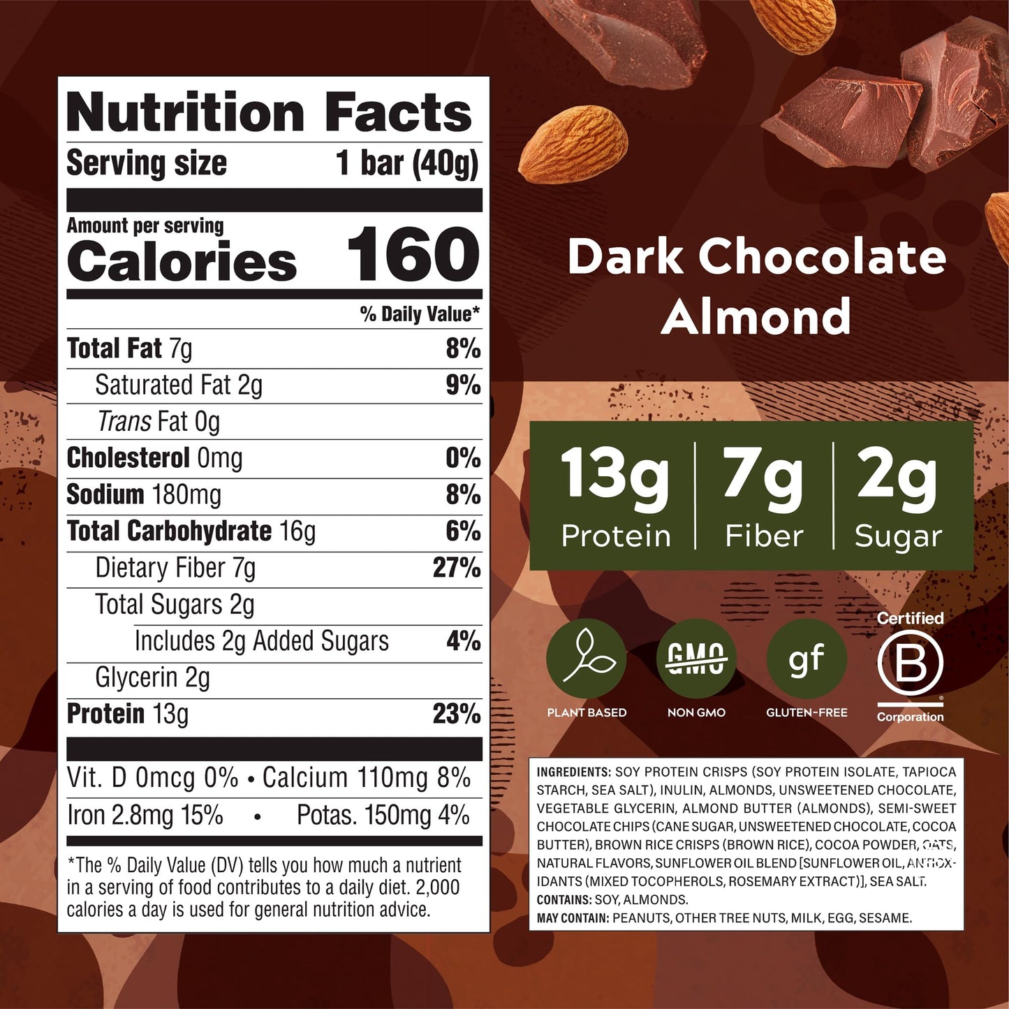 Simply Protein - Dark Chocolate Almond Crispy Bars - Plant Based Protein Bars - Low Carb, Low Sugar, High Fiber - 13g Protein, 2