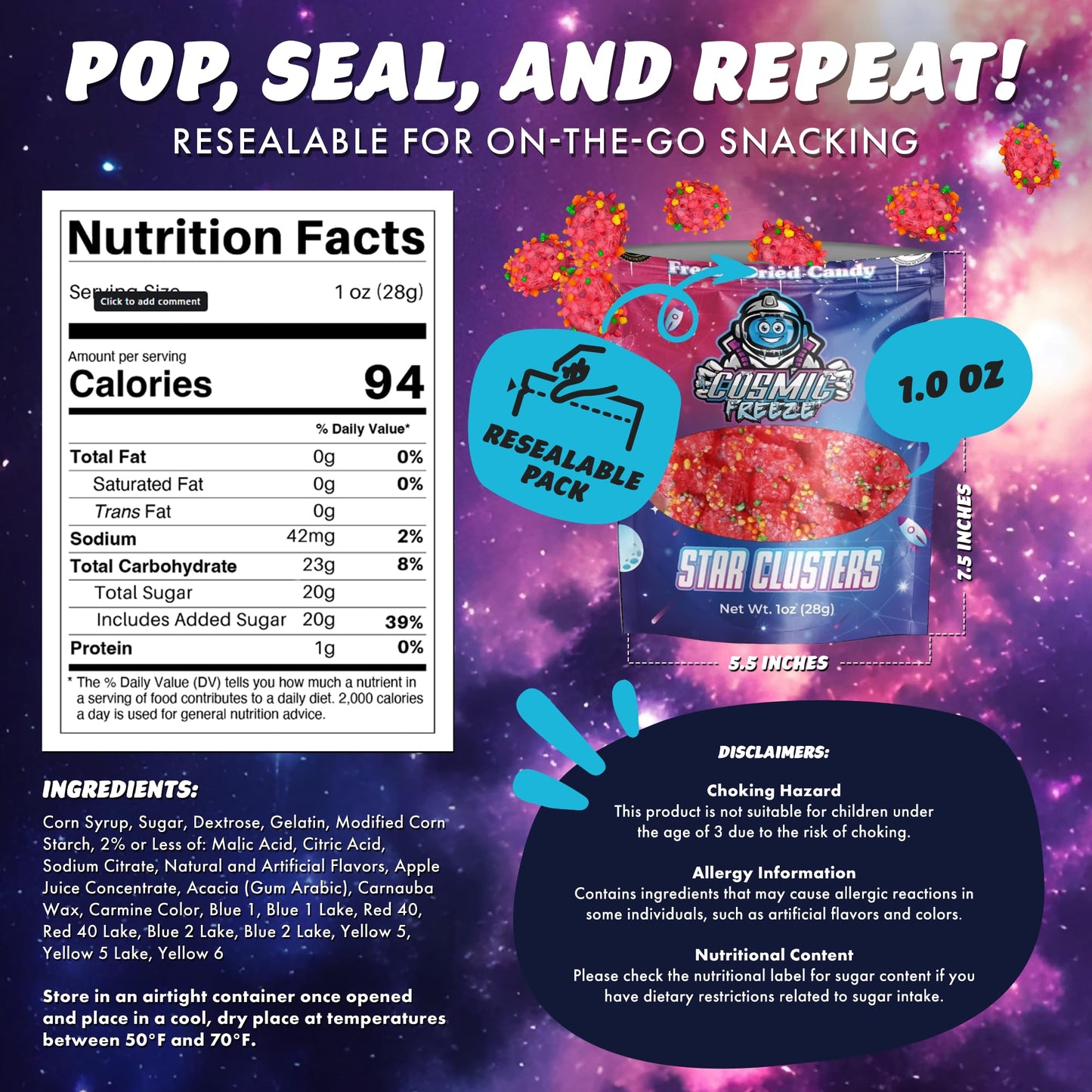Cosmic Freeze Berry Star Clusters Dried Candy, Crunchy Dry Candy For Mix-In Snacks Dried, Gluten-Free, Made In Usa, 1.0 Oz, 3-Pa