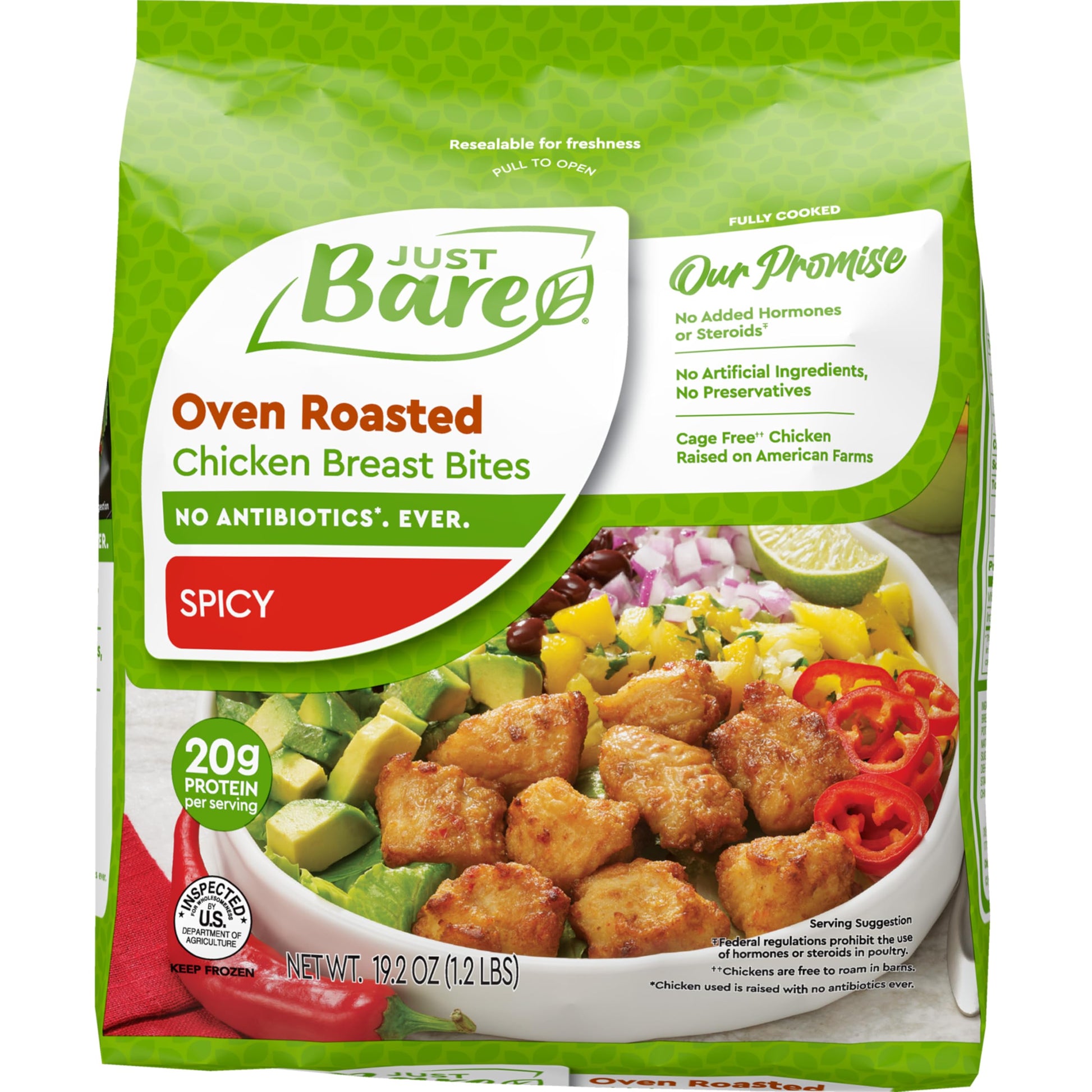 Just Bare Oven Roasted Spicy Chicken Breast Bites | Fully Cooked | 20 G Protein | Frozen | 1.20 LB