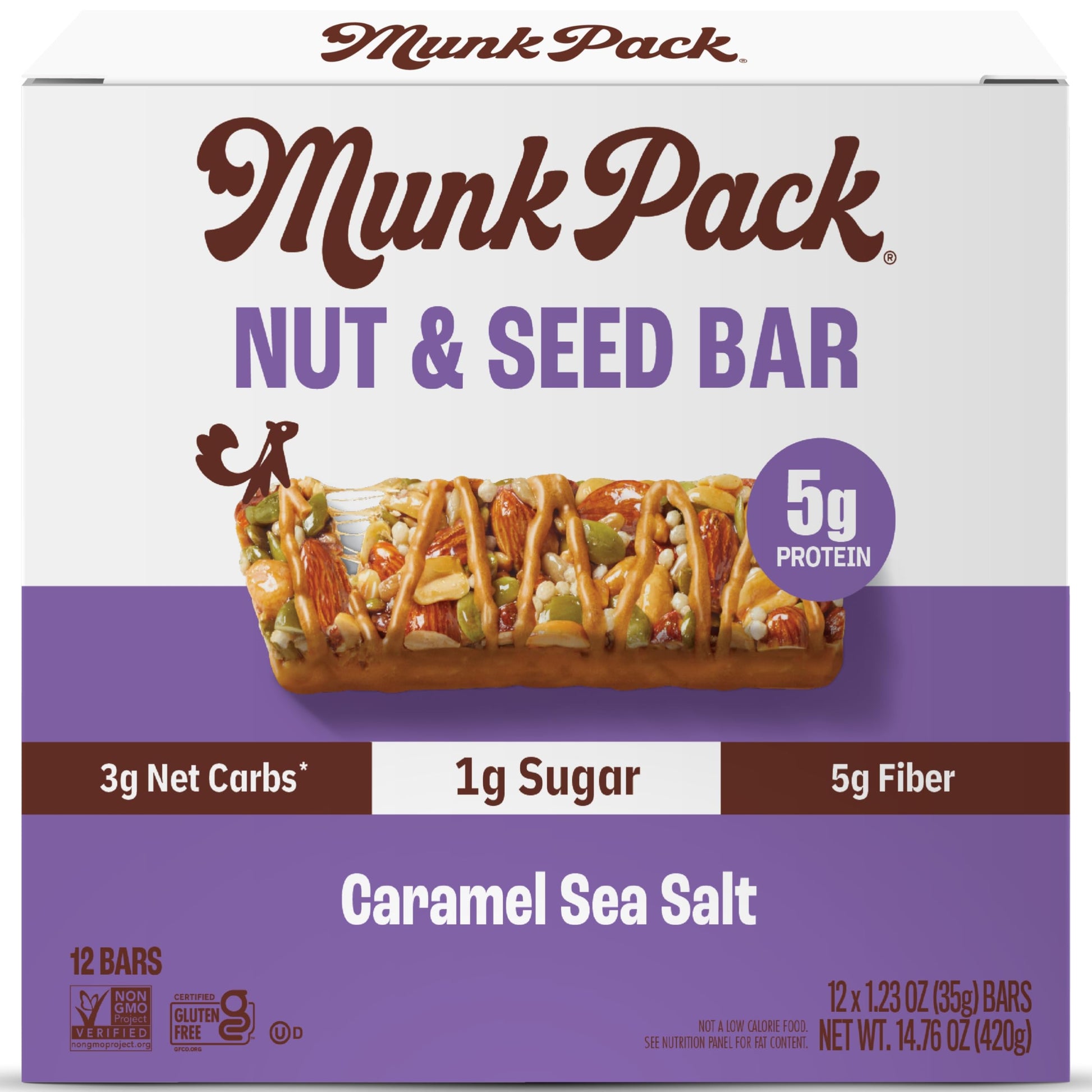 Munk Pack Nut & Seed Bar Caramel Sea Salt | 1G Sugar  Low Carb & Keto  5G Protein | Gluten Free  Plant Based  Zero Added Sugar | Sweet & Salty Breakfast & Snack Bars | 12 Count