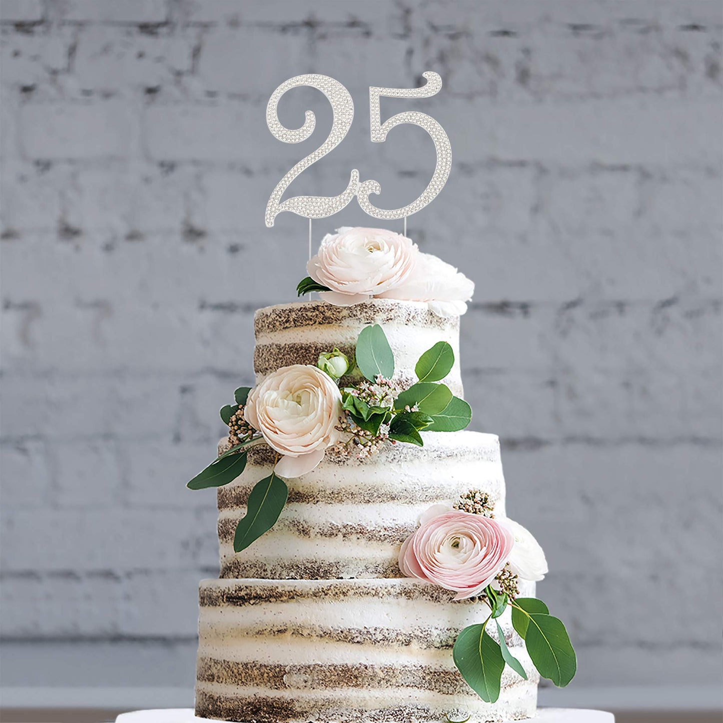 Crystal Creations 25 Cake Topper - Premium Silver Metal Decoration, Rhinestone Centerpiece, 1 Count, 25th Birthday/Anniversary