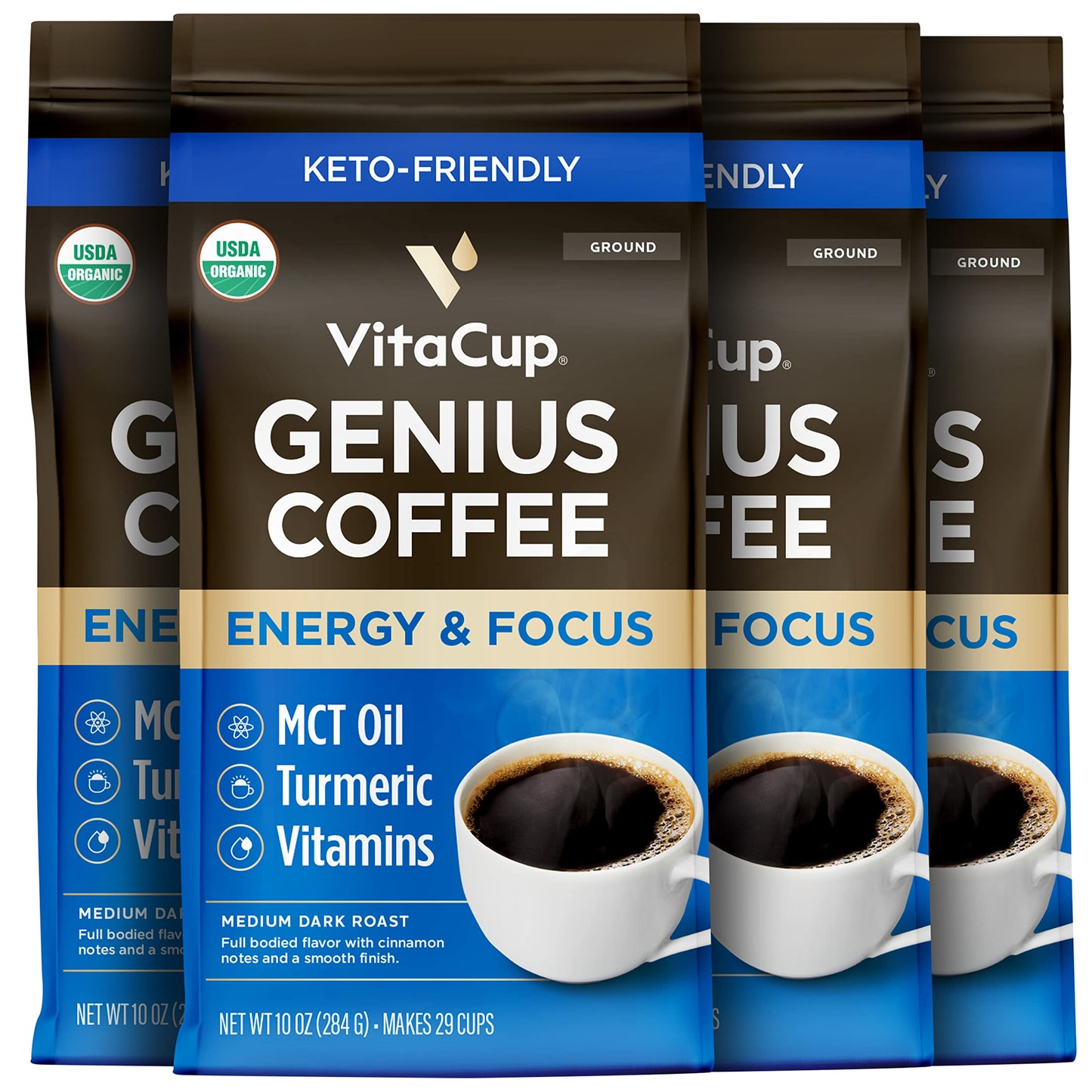 VitaCup Organic Ground Keto Coffee with MCT Oil, Turmeric & B Vitamins, Medium Dark Roast, 10 oz, Pack of 4