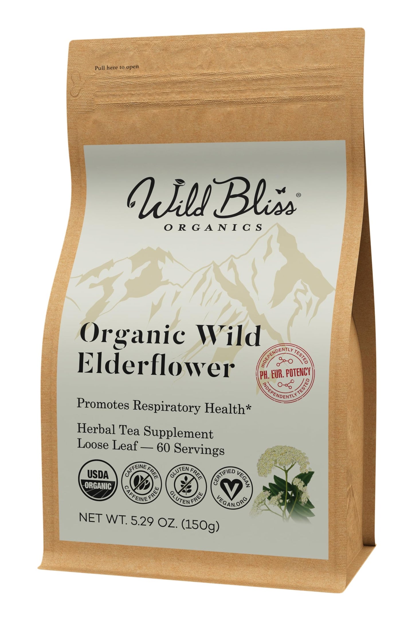 Wild Bliss Organic Elderflower Tea - Caffeine Free Loose Leaf - 60 Servings - 5.29 Ounces