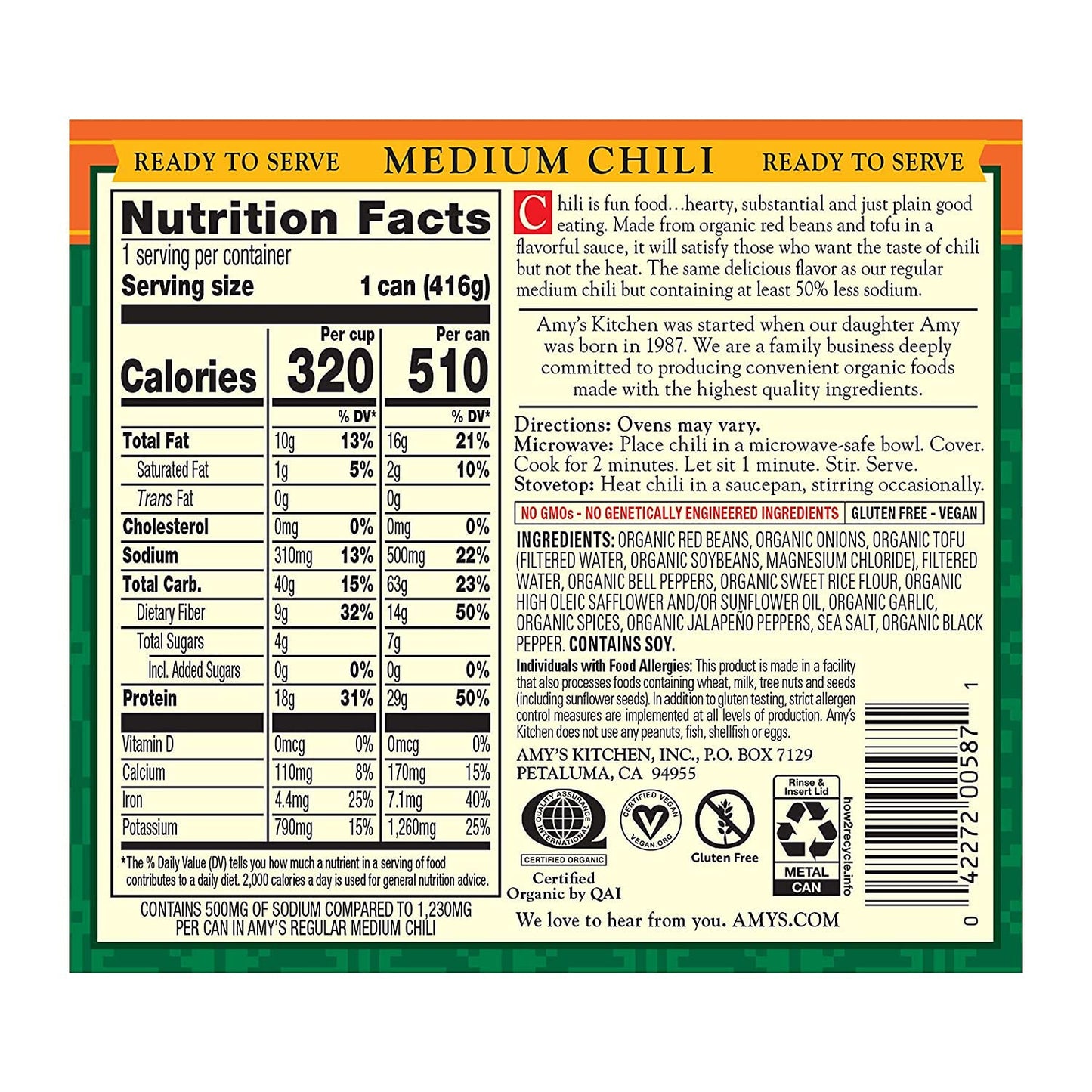 Amy'S Organic Chili, Vegan Medium Chili, Light In Sodium, Gluten Free, Made With Organic Red Beans And Tofu, 14.7 Oz (12 Pack)