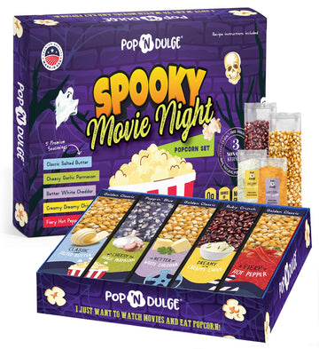 Halloween Gifts Popcorn Spooky Movie Night Gift Basket Gourmet Kernels and Seasoning Variety Pack, 3 Color Kernels and 5 Flavori