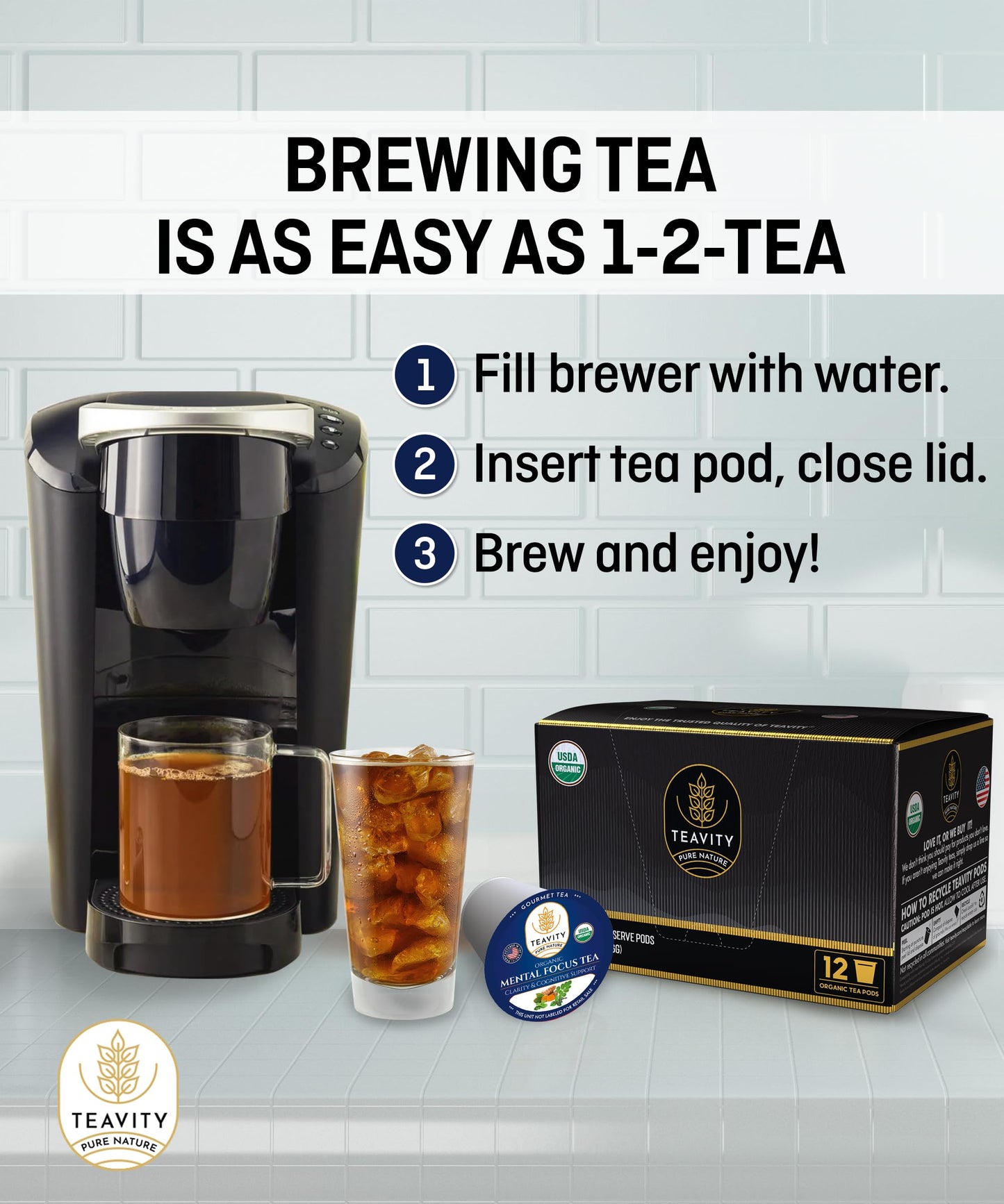 Organic Tea Pods With Moringa, Peppermint, Holy Basil & Turmeric - Naturally Decaf Tea - Mental Focus By Teavity (36 Tea Pods)