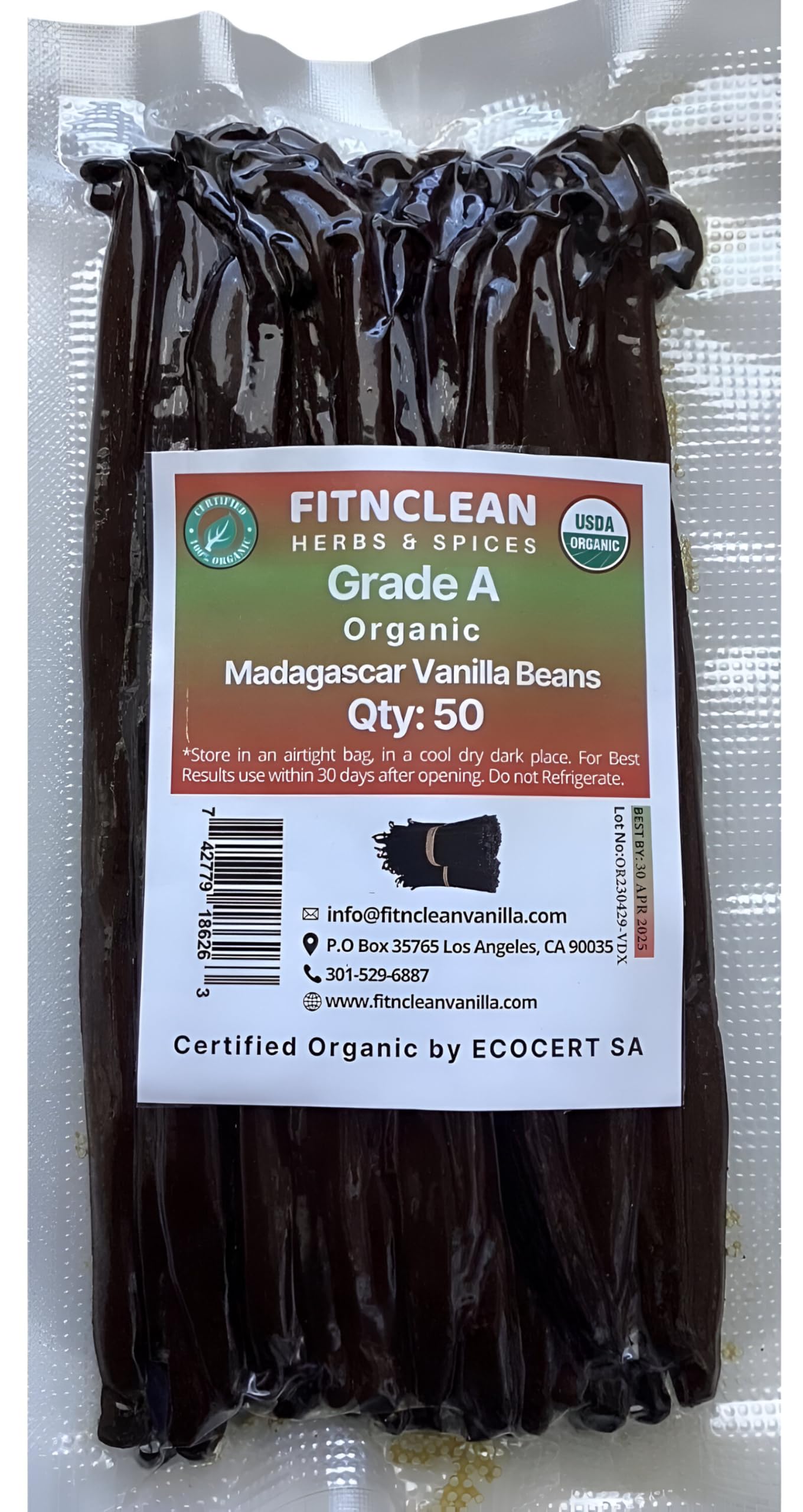 FITNCLEAN HERBS AND SPICES Organic Madagascar Vanilla Beans, 50 Count, Certified USDA Organic, Non-GMO, ~5 spirit-inspired flavor Pods