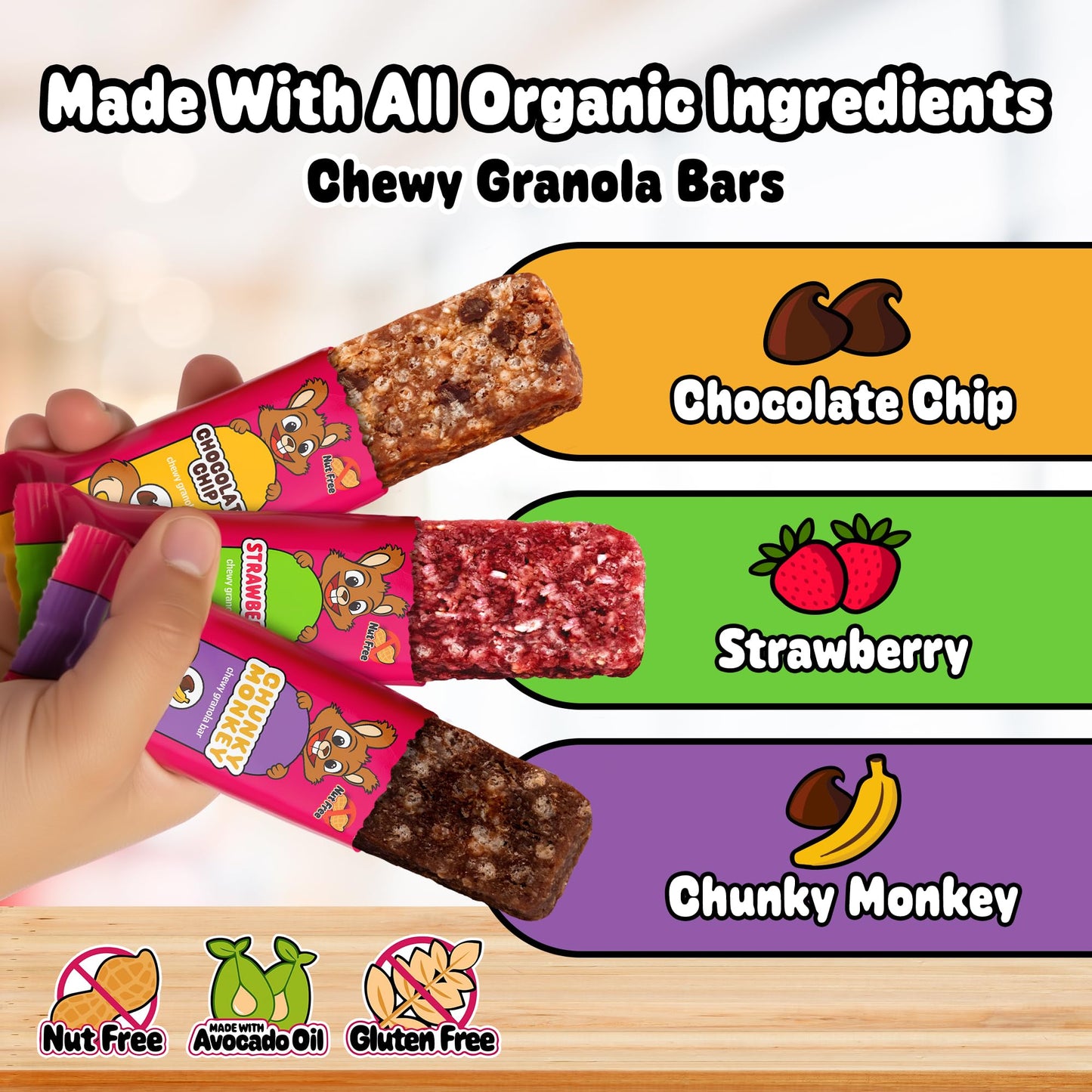 Snakkidz Organic Chewy Granola Bar, Allergen Free, Made with Avocado Oil, Low Sugar (45 Bars, Variety)