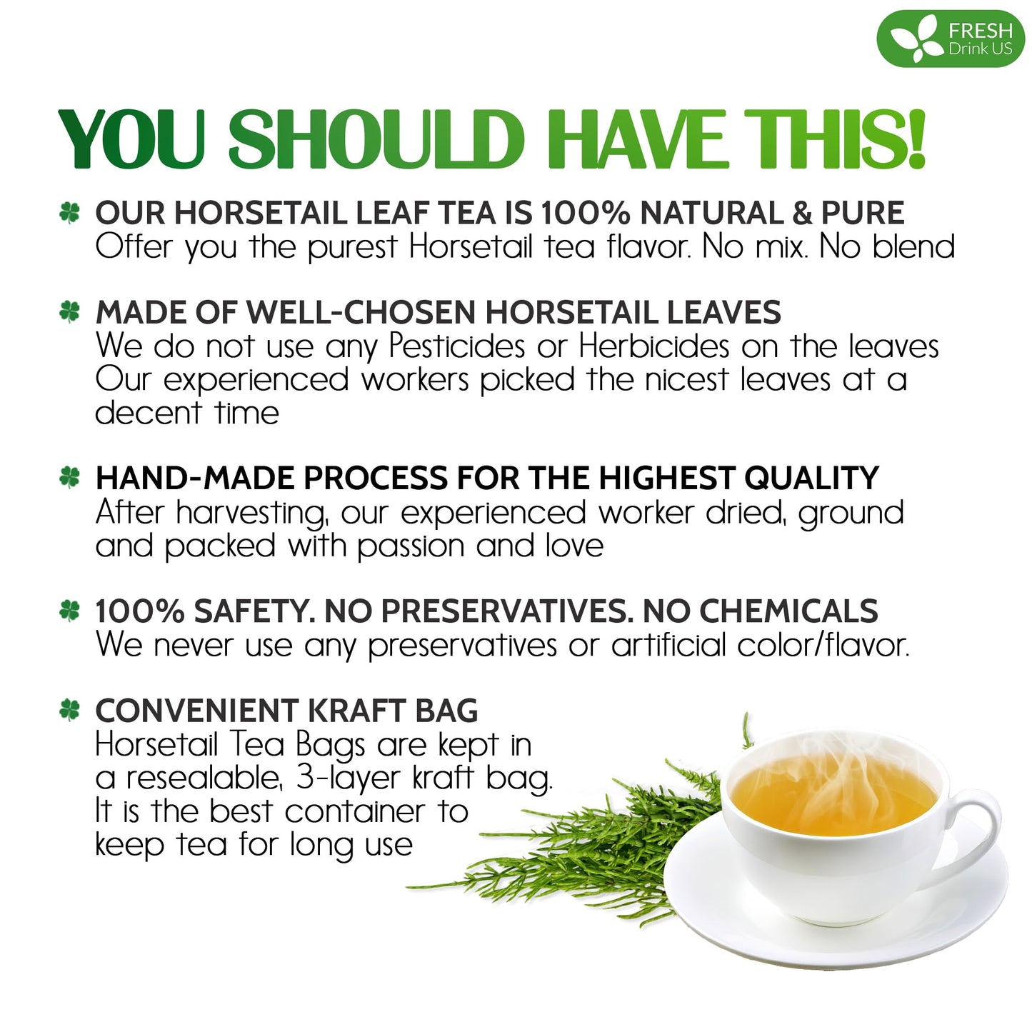 FRESHDRINKUS Horsetail Leaf Tea Bags, 100% Natural Herbal Tea, 75 Bags, Vegan, No Caffeine, No Sugar