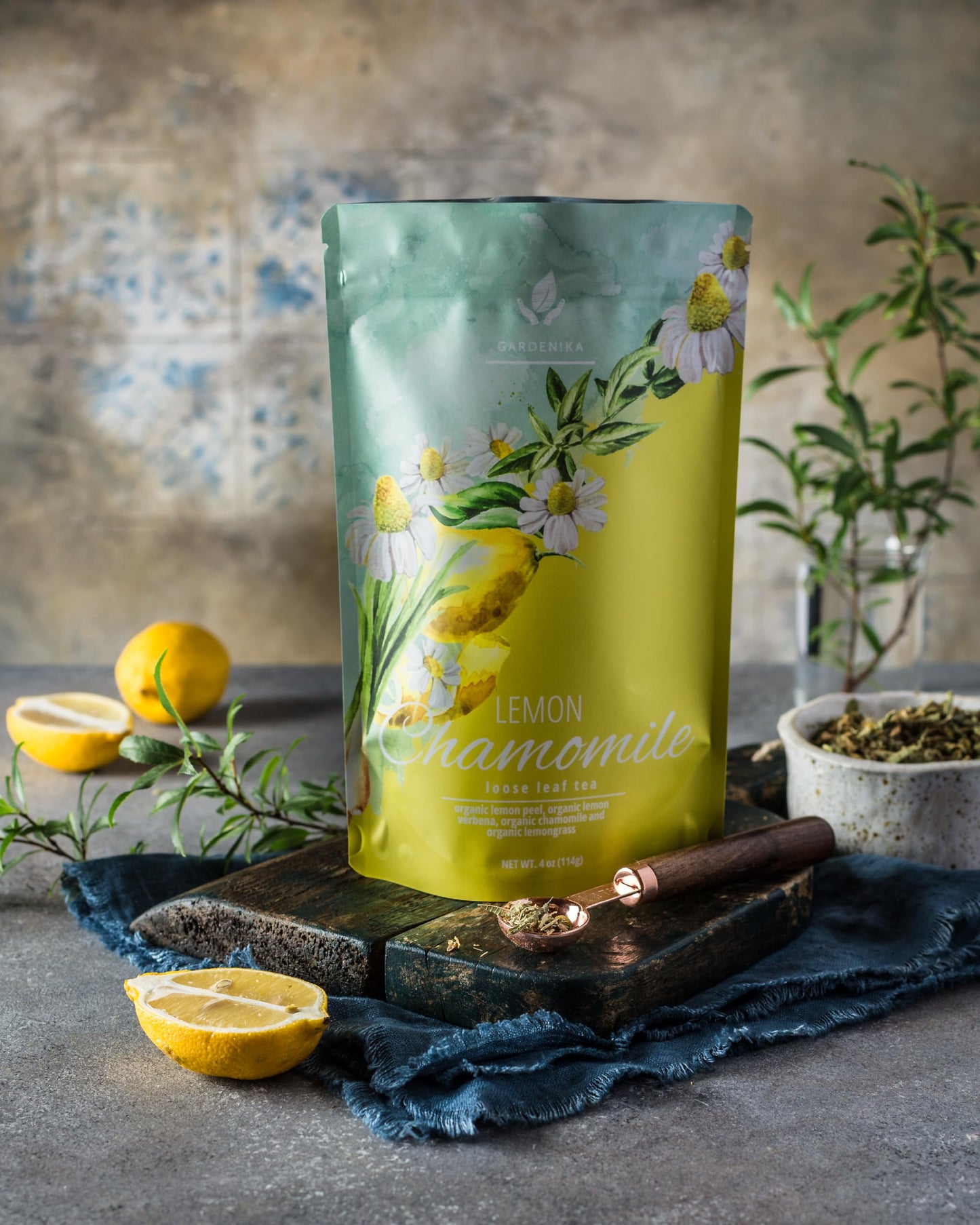 Gardenika Organic Loose Leaf Tea, Caffeine Free Herbal Blend, 4 oz, No Artificial Flavors, Kosher, Chamomile & Lemongrass