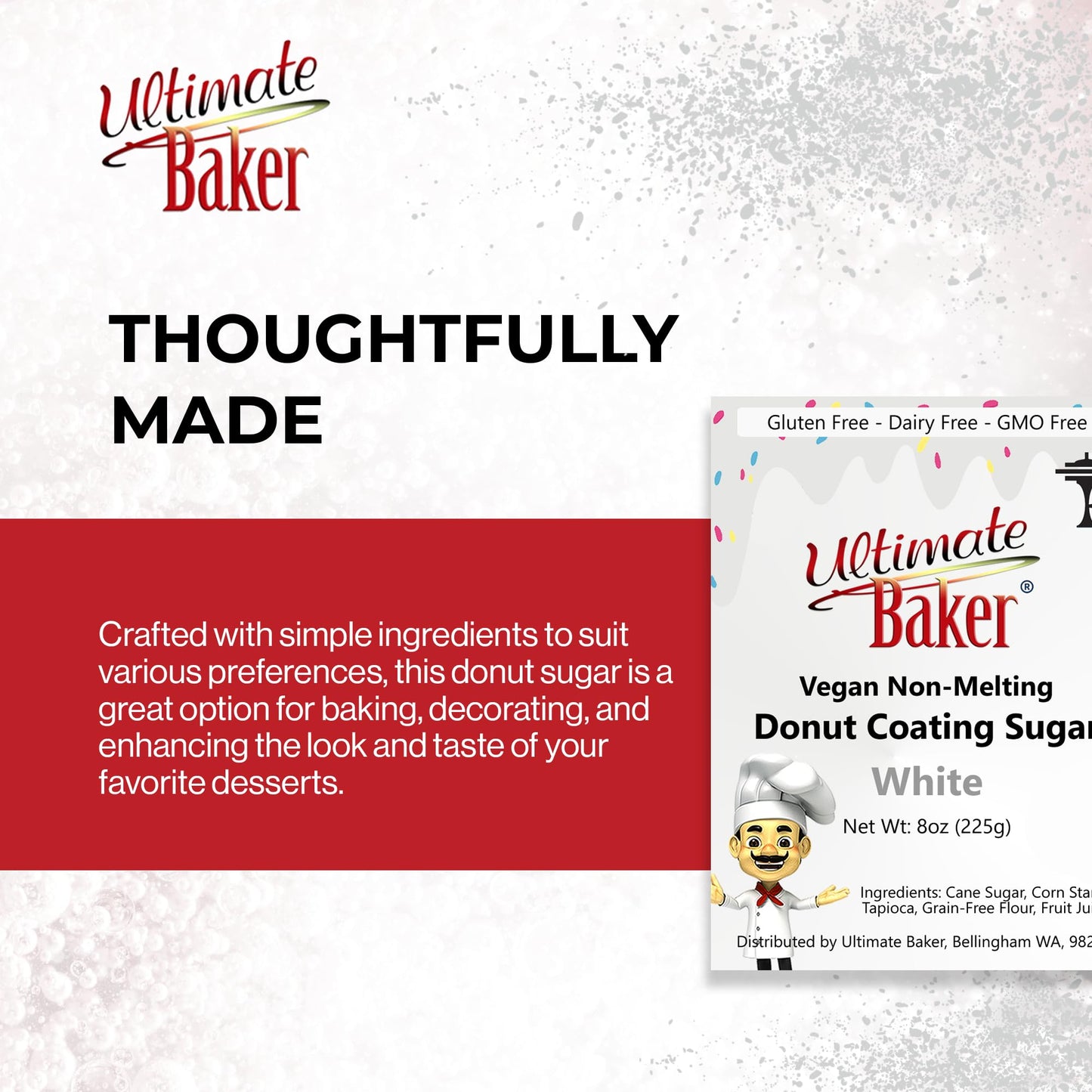 Ultimate Baker Vegan Non-Melting White Donut Sugar - 8oz All Natural Dusting Sugar for Icing & Baking