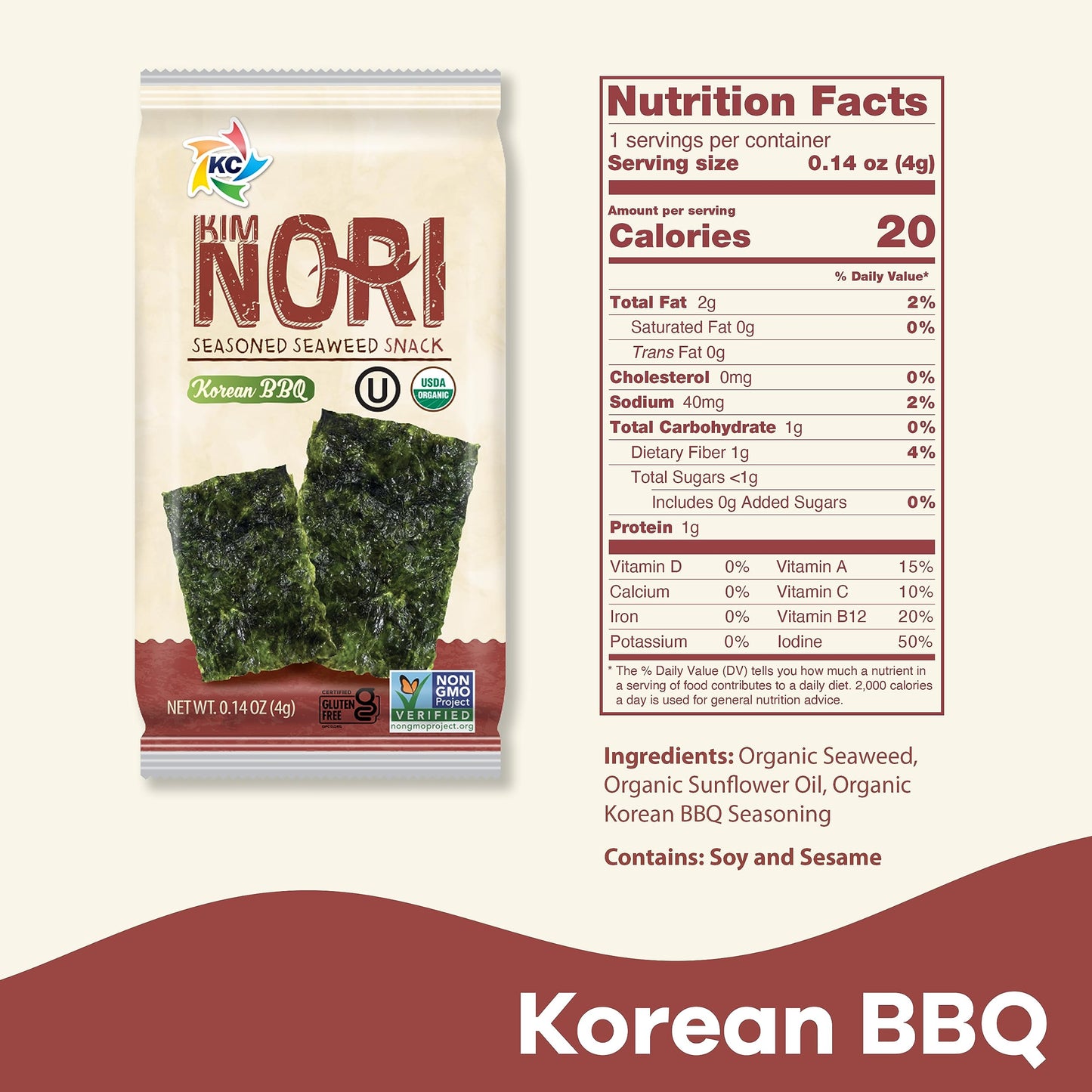 Kimnori Seasoned Seaweed Snacks Sheets - Organic Korean Bbq Flavor 12 Individual Packs Roasted Crispy Premium 100% Natural Laver