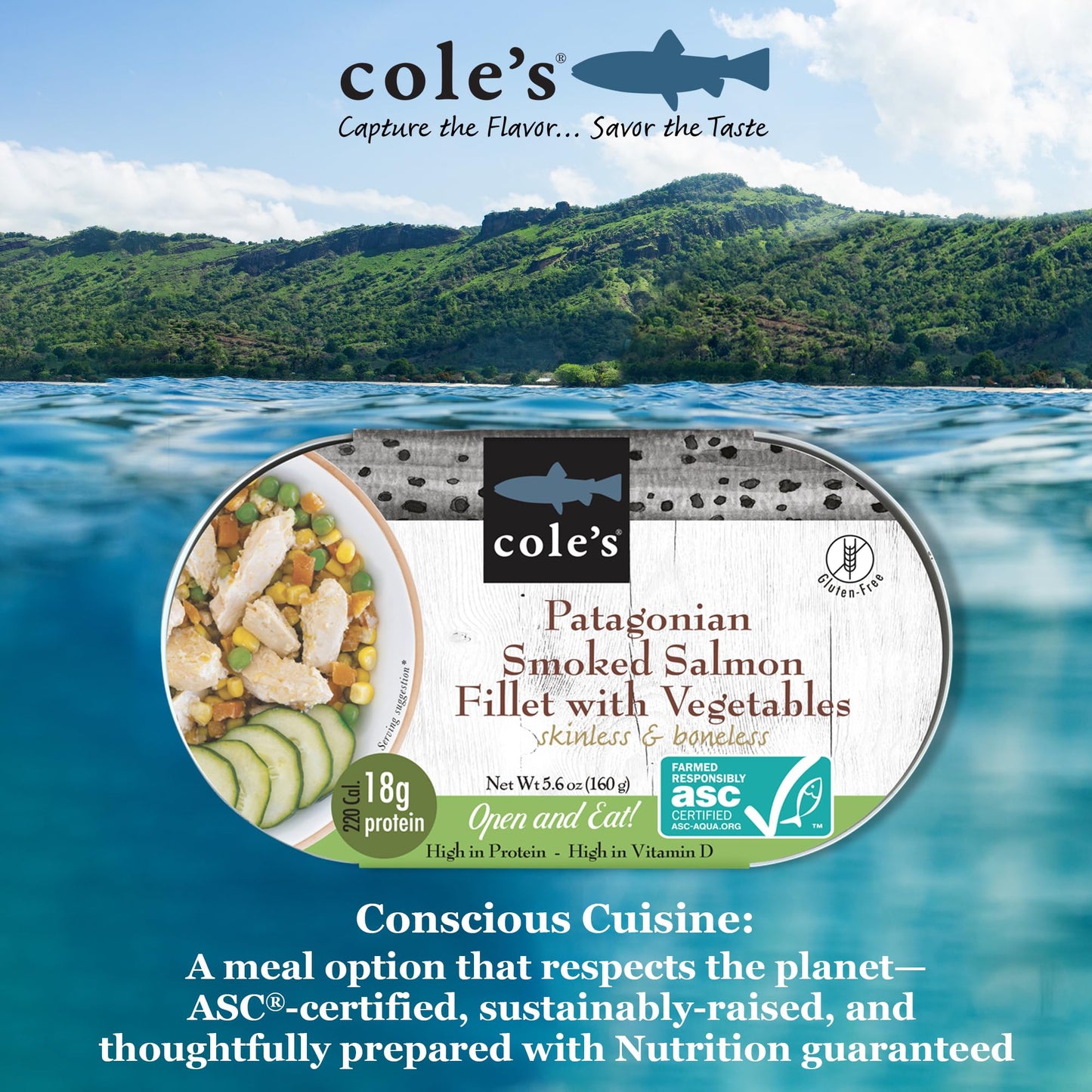 Coles Patagonian Smoked Salmon Fillet with Vegetables, Ready to Eat, 5.6 oz Canned, High in Protein and Vitamin D