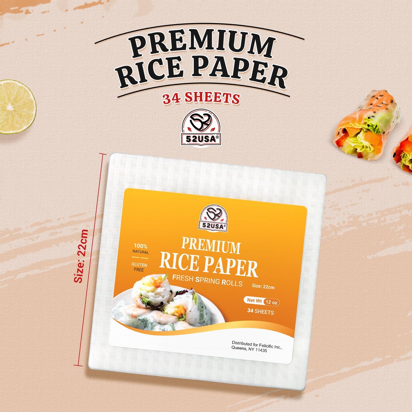 52Usa Square Rice Paper, 1 Pack, White Rice Paper Wrappers, Fresh Spring Roll Wrappers & Dumplings-34 Sheets, Gluten-Free Wonton