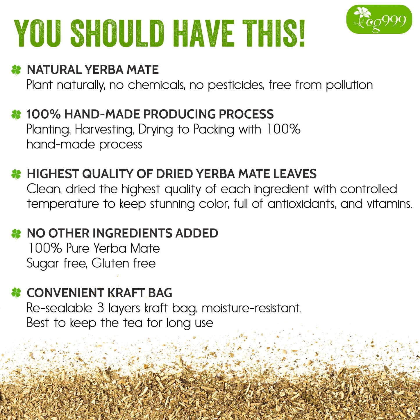 TOG999 Premium Yerba Mate Tea, Hi-Caffeine, 18 oz, Fresh, Antioxidant-Rich, No Dust, Freshly Cultivated from Argentina