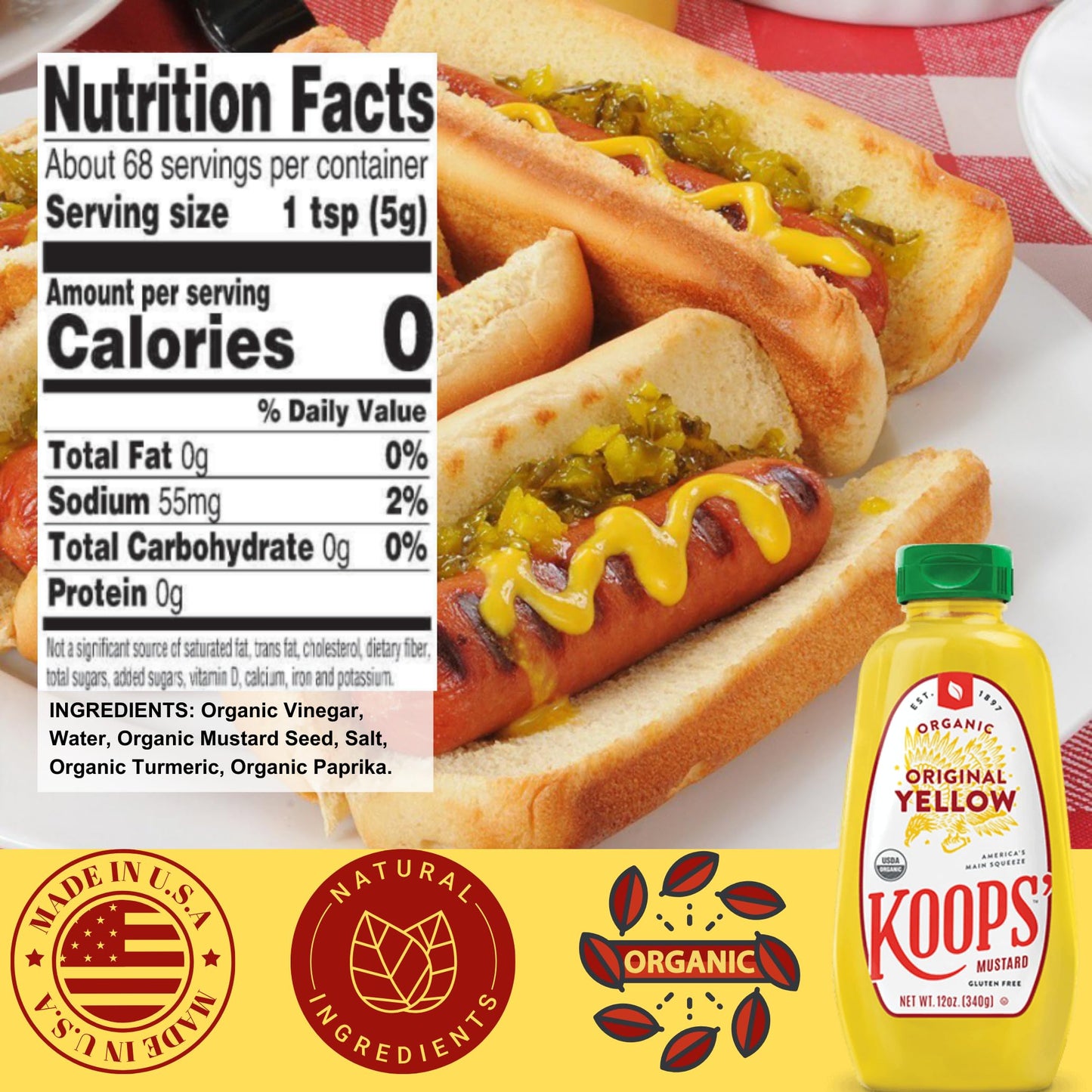 Koops' Organic Yellow Mustard - Gourmet Mustard, Gluten-Free, Kosher, Usda Certified Organic, Made In Usa, From Quality Mustard