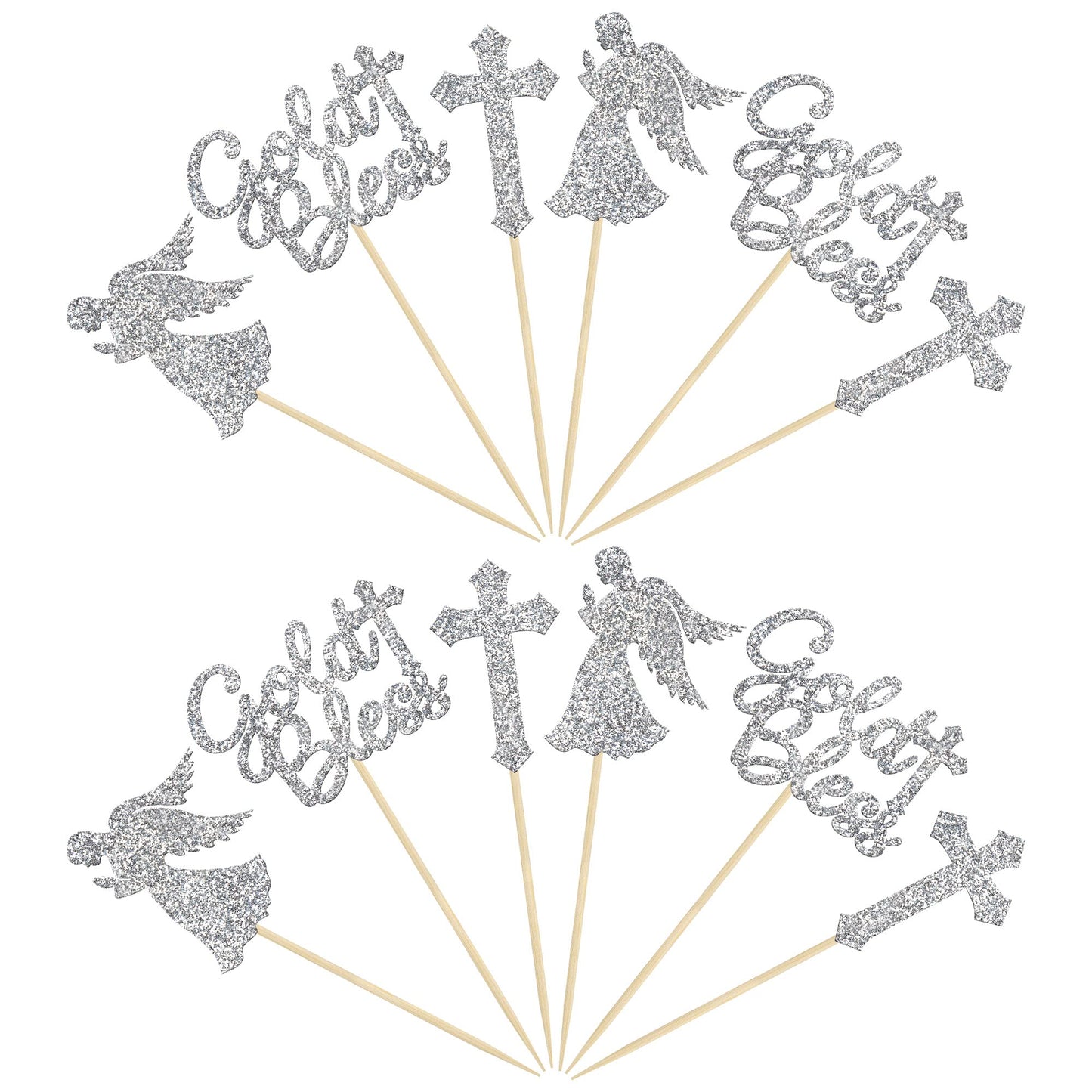 Gyufise Cupcake Toppers, 24Pcs Silver Glitter Cross and Angel Picks, Christian Party Decoration, Small, Paper, Model UKZN0096-SL