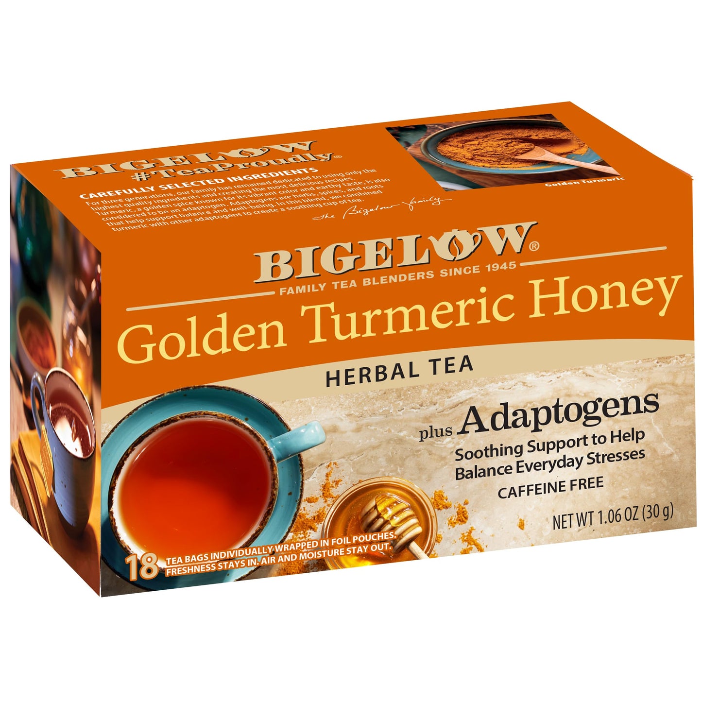 Bigelow Tea Golden Turmeric Honey plus Adaptogens  18 Count (Pack of 6)  108 Total Tea Bags