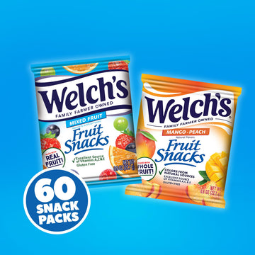 Welchs Fruit Snacks  Mixed Fruit & Mango Peach Snack Box  Gluten Free  Stocking Stuffers  0.8oz Snack Packs (Pack of 60)