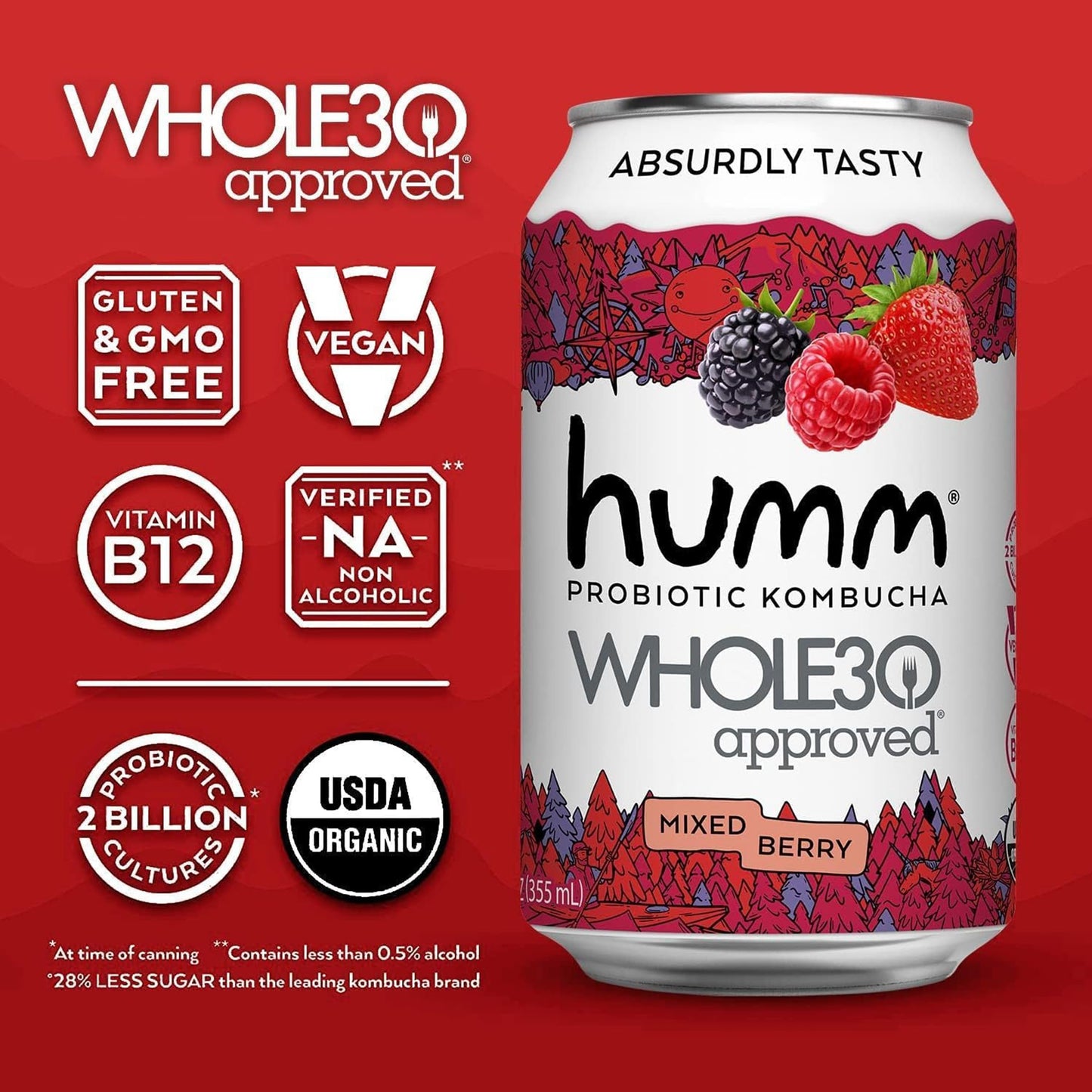 Humm Whole30 Approved Kombucha - Mixed Berry - Organic, Vegan & GMO-Free (12 Pack)