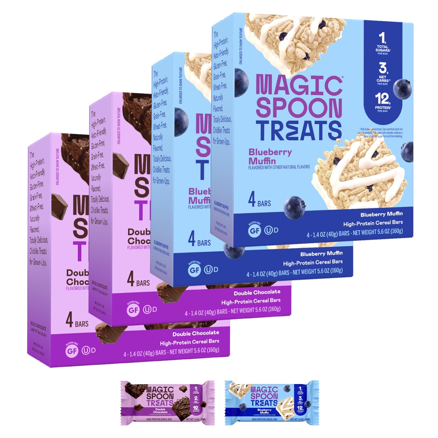 Magic Spoon Keto Protein Bars - High Protein, Low Carb, Gluten Free - 4 Pack (8 Blueberry Muffin, 8 Double Chocolate)