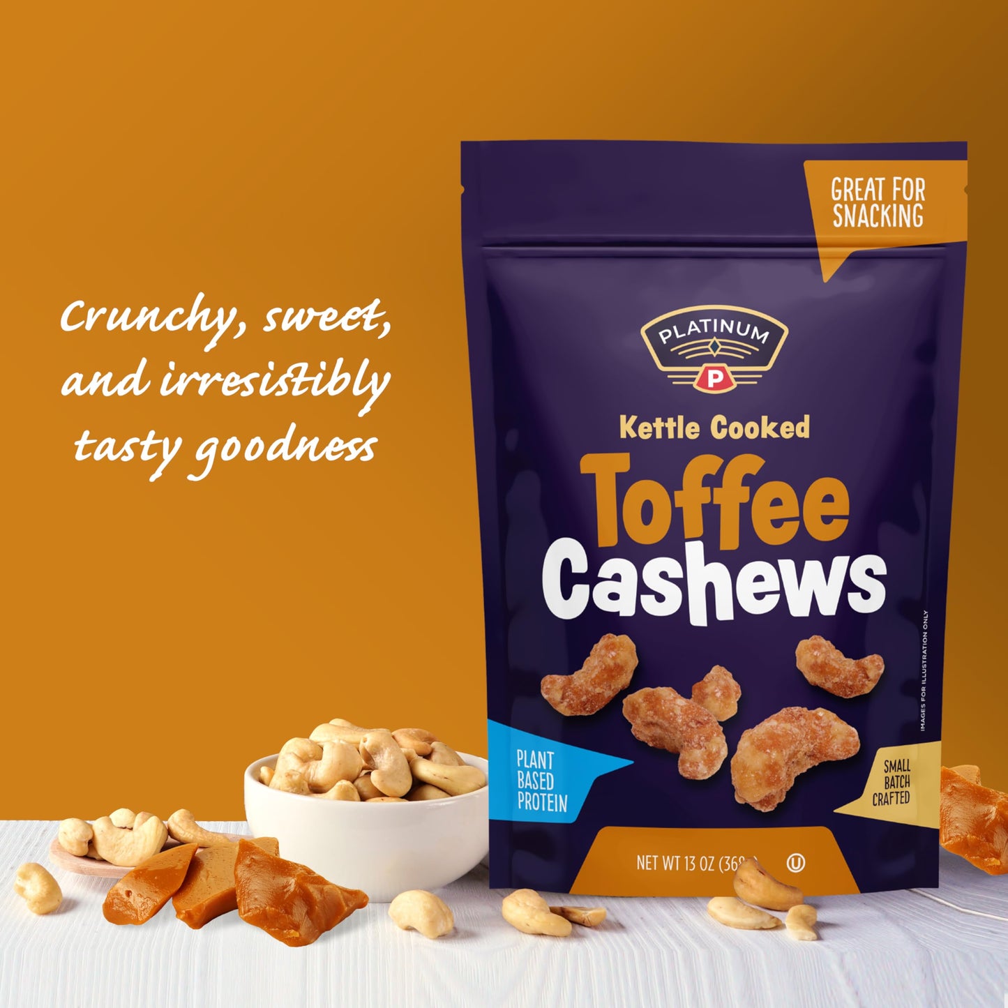 Platinum Toffee Cashews - Plant-Based Protein Snack - 13 oz Resealable Pouch