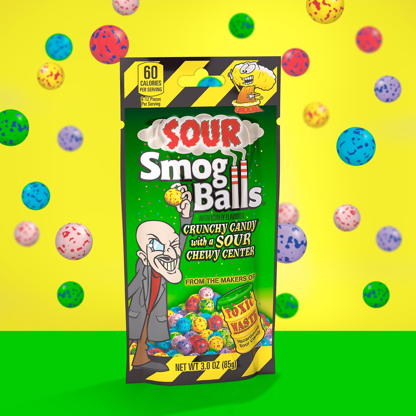 Toxic Waste - Sour Smog Balls - Crunchy & Chewy Sour Balls - Lime, Cherry, Strawberry, Lemon, Blue Raspberry, & Grape Flavors -