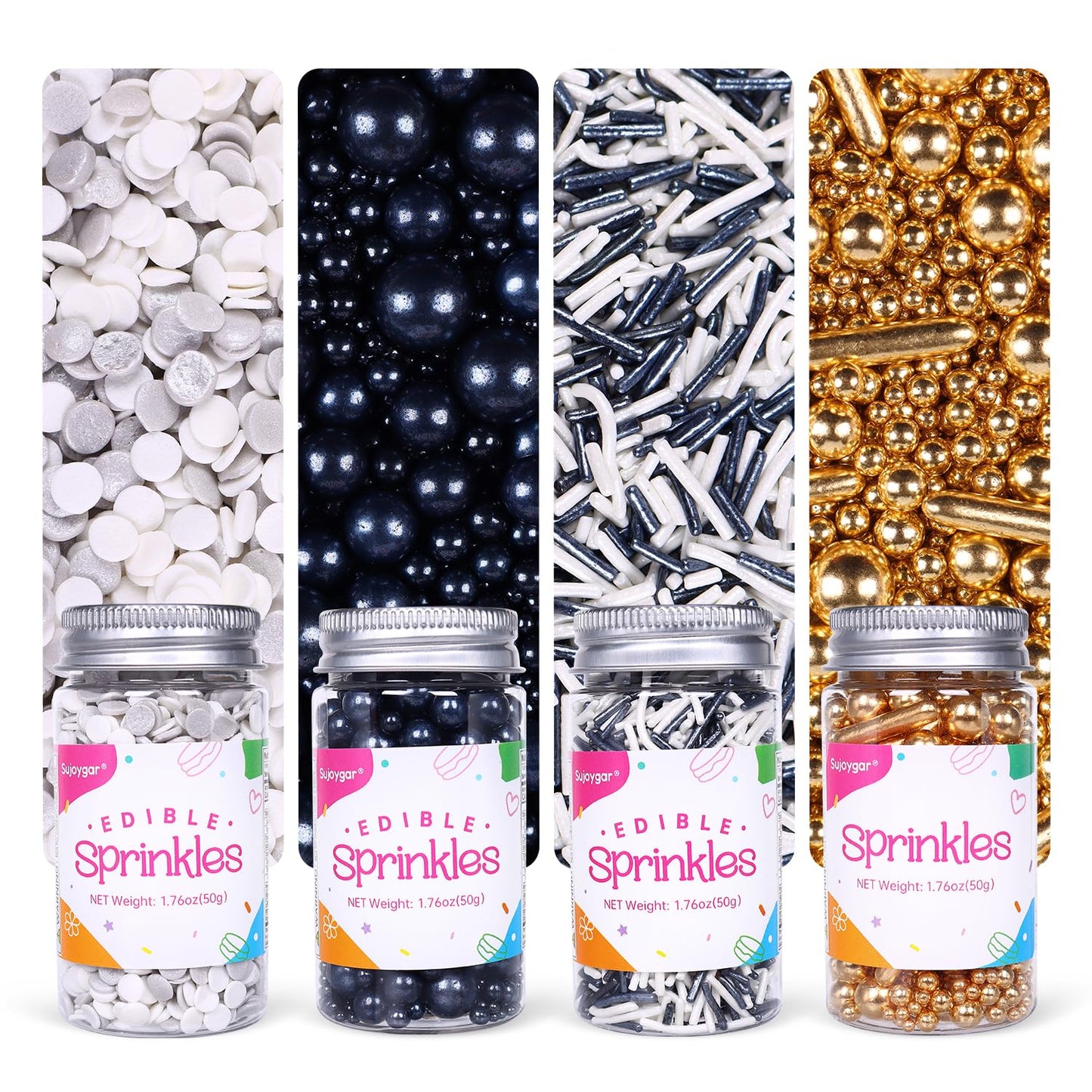Sujoygar Black Gold and Silver Sprinkles Set, Graduation Black Sprinkles Mix for Cake Decorating Cupcake Topping Ice Cream Bakin