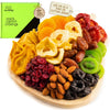 NUT CRAVINGS Gourmet Collection - Rosh Hashana & Shana Tova Dried Fruit & Mixed Nuts Gift Basket in Wooden Pear-Shaped Tray (9 A