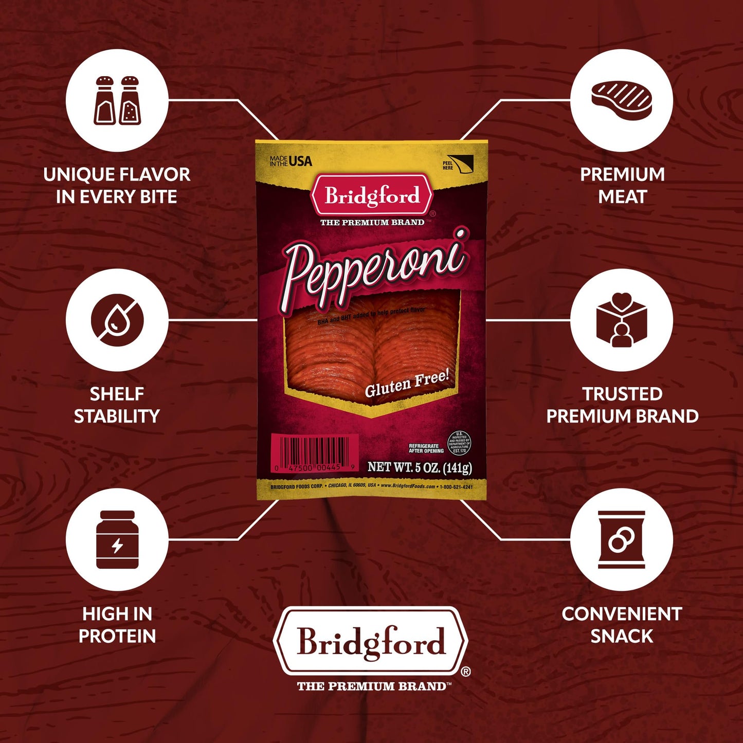Bridgford Sliced Pepperoni - Gluten-Free, Zero Carb, Ready-to-Eat - 5 oz Pack of 6