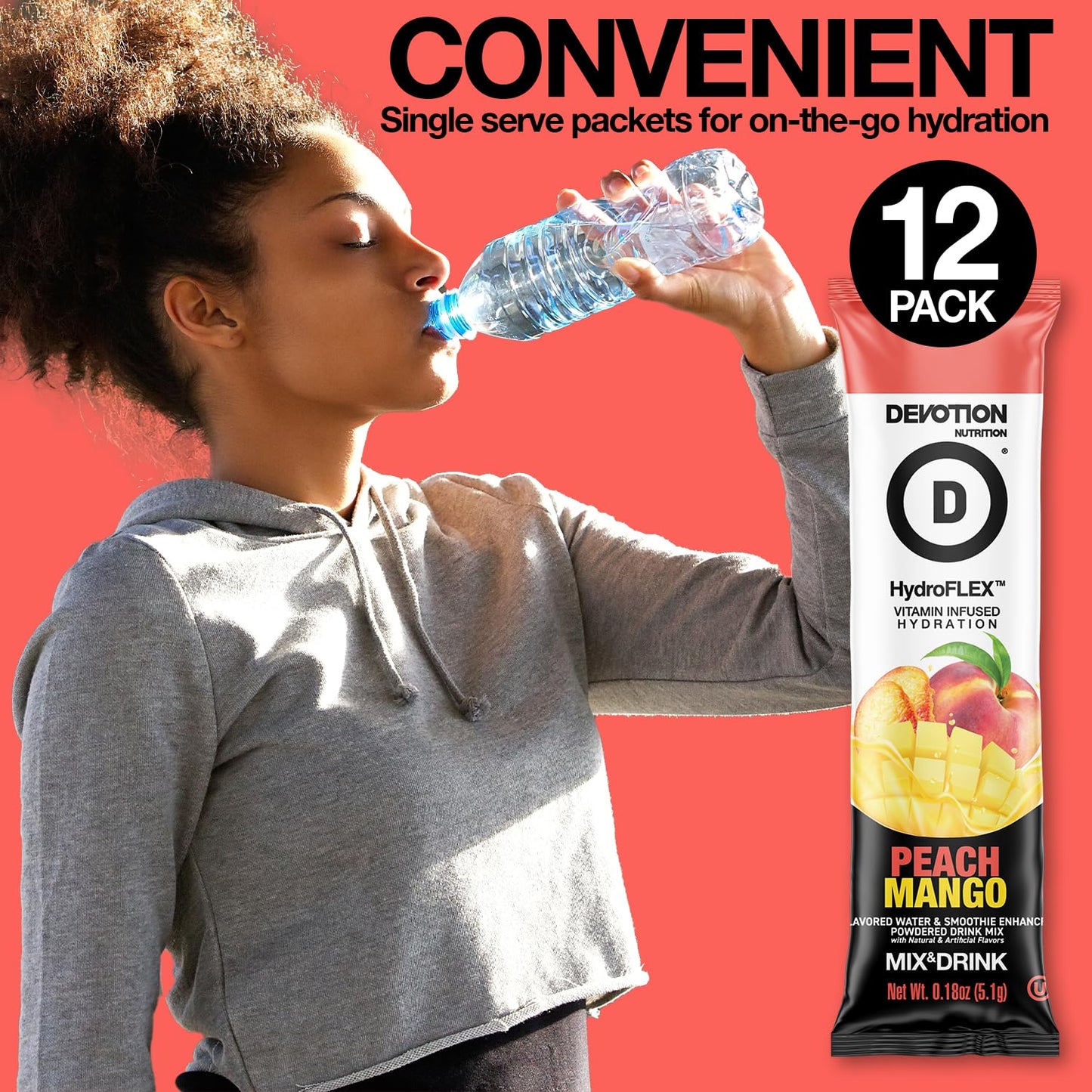 Devotion Nutrition HydroFLEX Sugar-Free Water Flavoring Packets, Peach Mango, 12-Pack, 2.16 Ounce, Gluten-Free, Dye-Free
