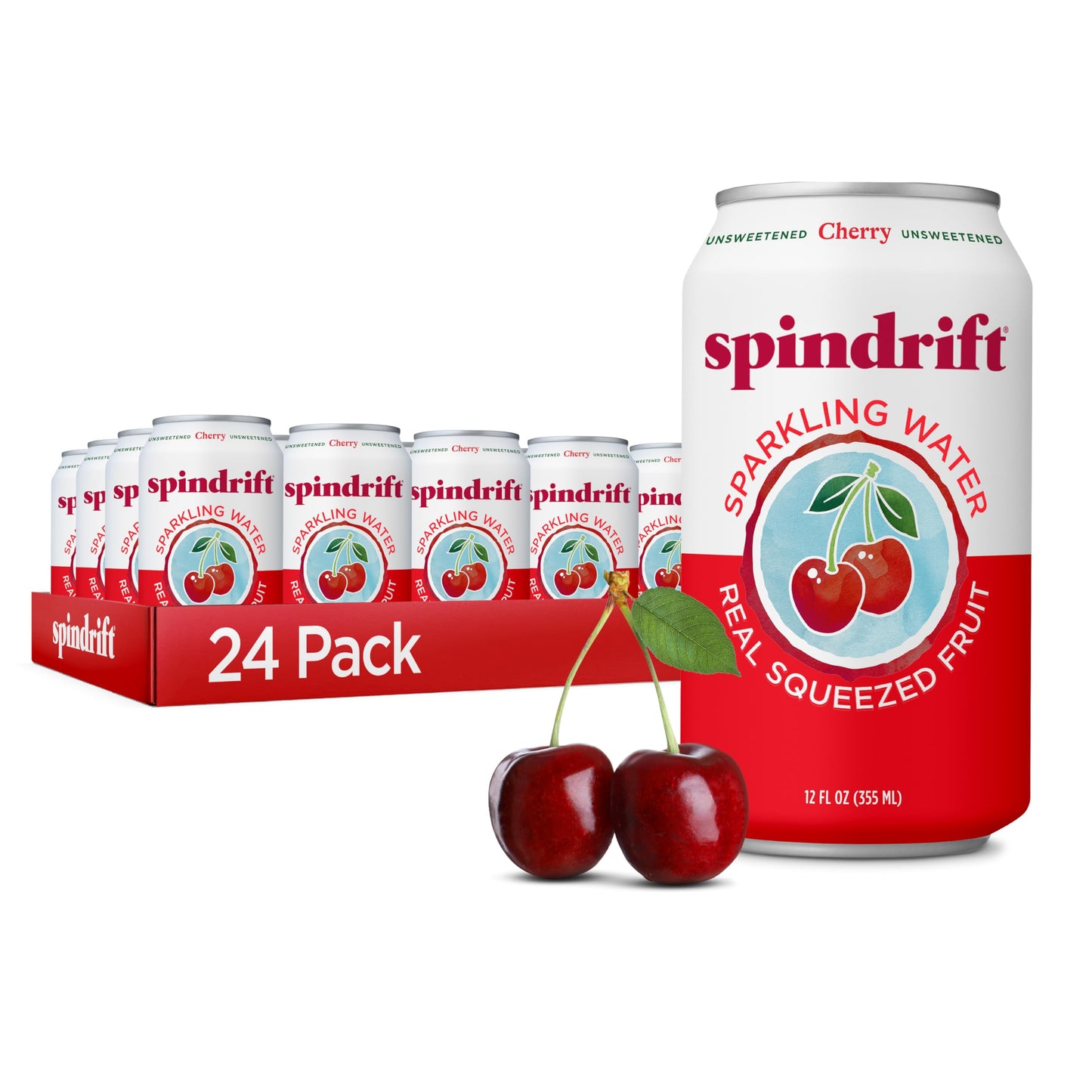 Spindrift Sparkling Water  Cherry Flavored  Made With Real Squeezed Fruit  12 Fl Oz Cans  Pack Of 24 (Only 21 Calories Per Can)