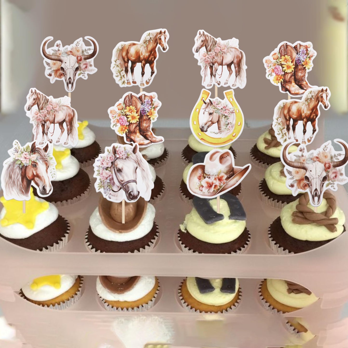 Zhuoweism 40 Pcs Horse Cupcake Toppers - Western Cowgirl Cupcake Picks - Floral Horseshoe Hat Boots - Cake Decorations For Horse