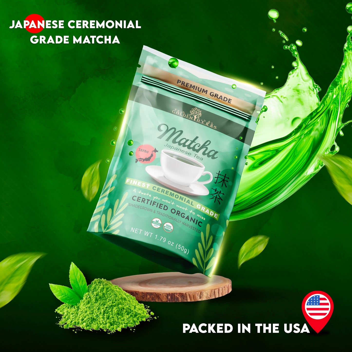 GOLDEN HERBS Matcha Green Tea Powder, USDA Organic, Gluten-Free, 60 Grams, Resealable Pouch