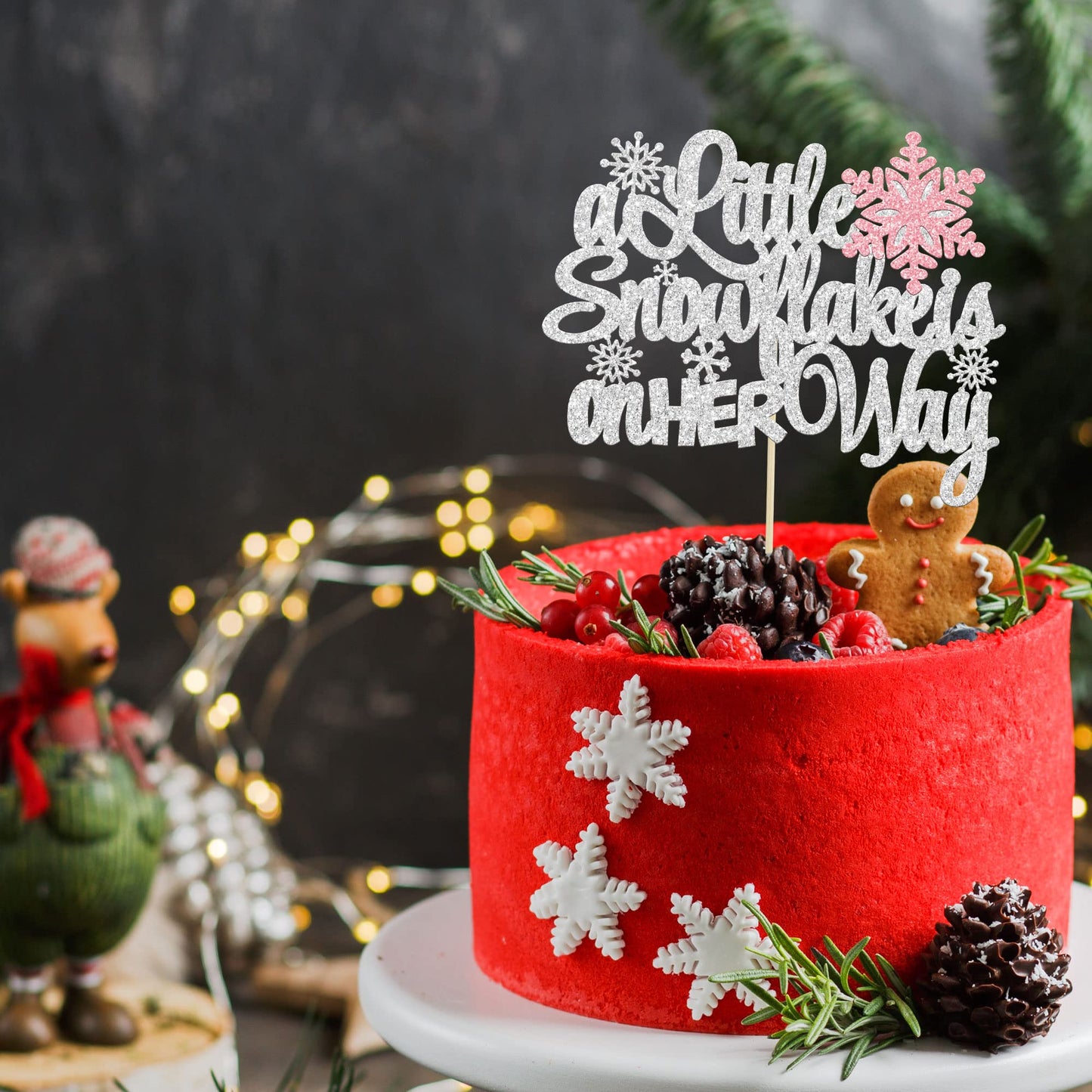 1Pcs A Little Snowflake Is On Her Way Cake Topper Pink Snowflake Winter Baby Shower Cake Decoration For Girl Kids Winter Onederl