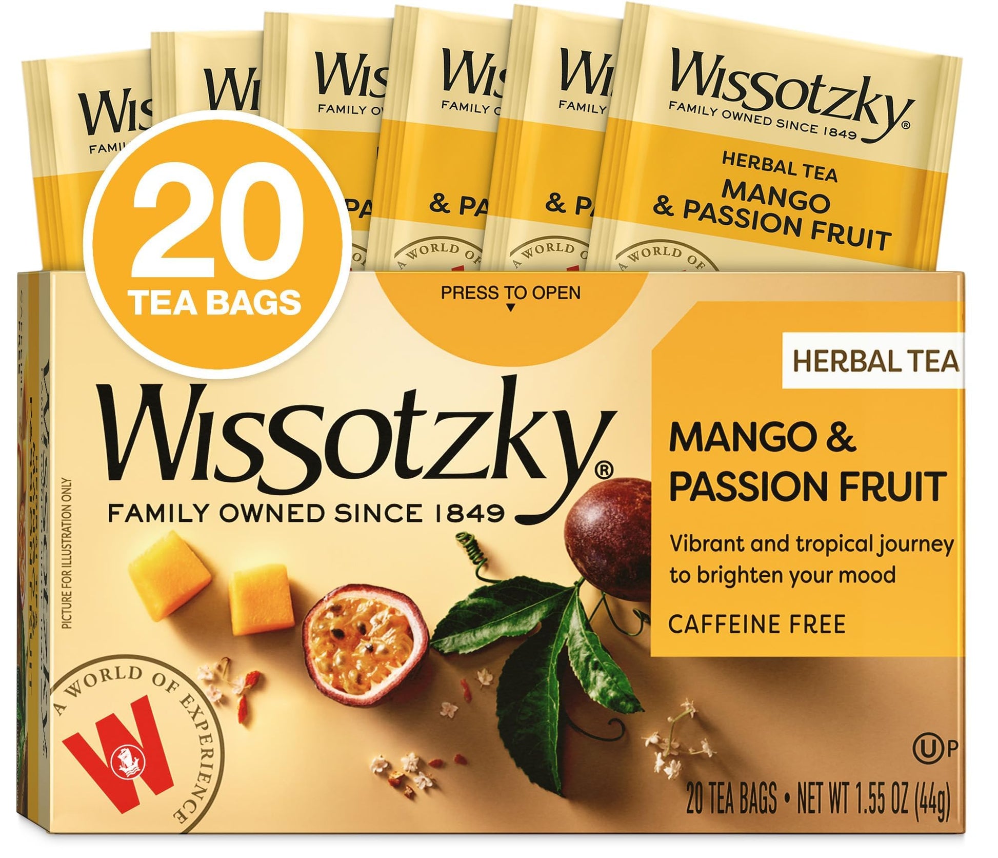 Wissotzky Mango & Passion Fruit Tea (20 Tea Bags) Caffine Free, Made With Premium Fruit & Herbal Tea Leaves