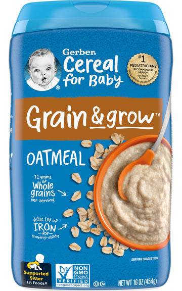 Gerber Cereal For Baby 1St Foods Grain & Grow Oatmeal Cereal, Made With Whole Grains & Essential Nutrients, Non-Gmo, For Support