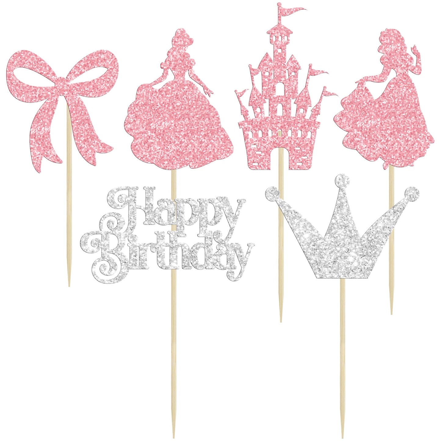Gyufise Cupcake Toppers, 24Pcs Glitter Castle Bowknot, Paper Decorations for Birthday, Baby Shower, 2.4x3.9, Pink Silver
