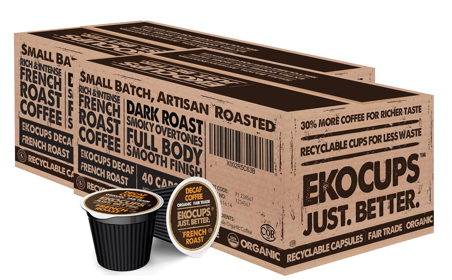Ekocups Organic Swiss Water Decaf French Roast Coffee Pods, Extra 30% More Coffee Per Cup, Artisan Fair Trade Dark Roast, Decaf French Roast For Keurig K Cup Machines, Recyclable Pods, 80 Count