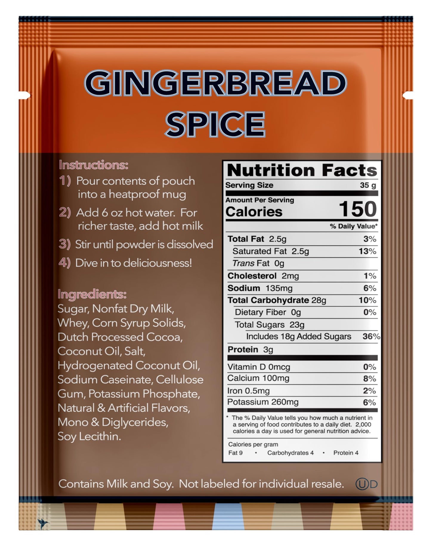 Double Donut Gingerbread Spice Hot Chocolate Mix Packets, Flavored Gingerbread Hot Cocoa Mix, 32 Count